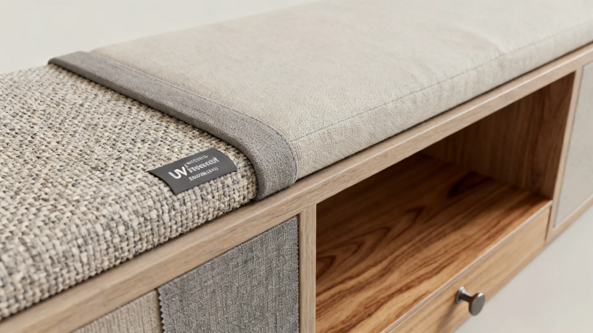 Material swatches and hardware details for bay window seating and cushions.