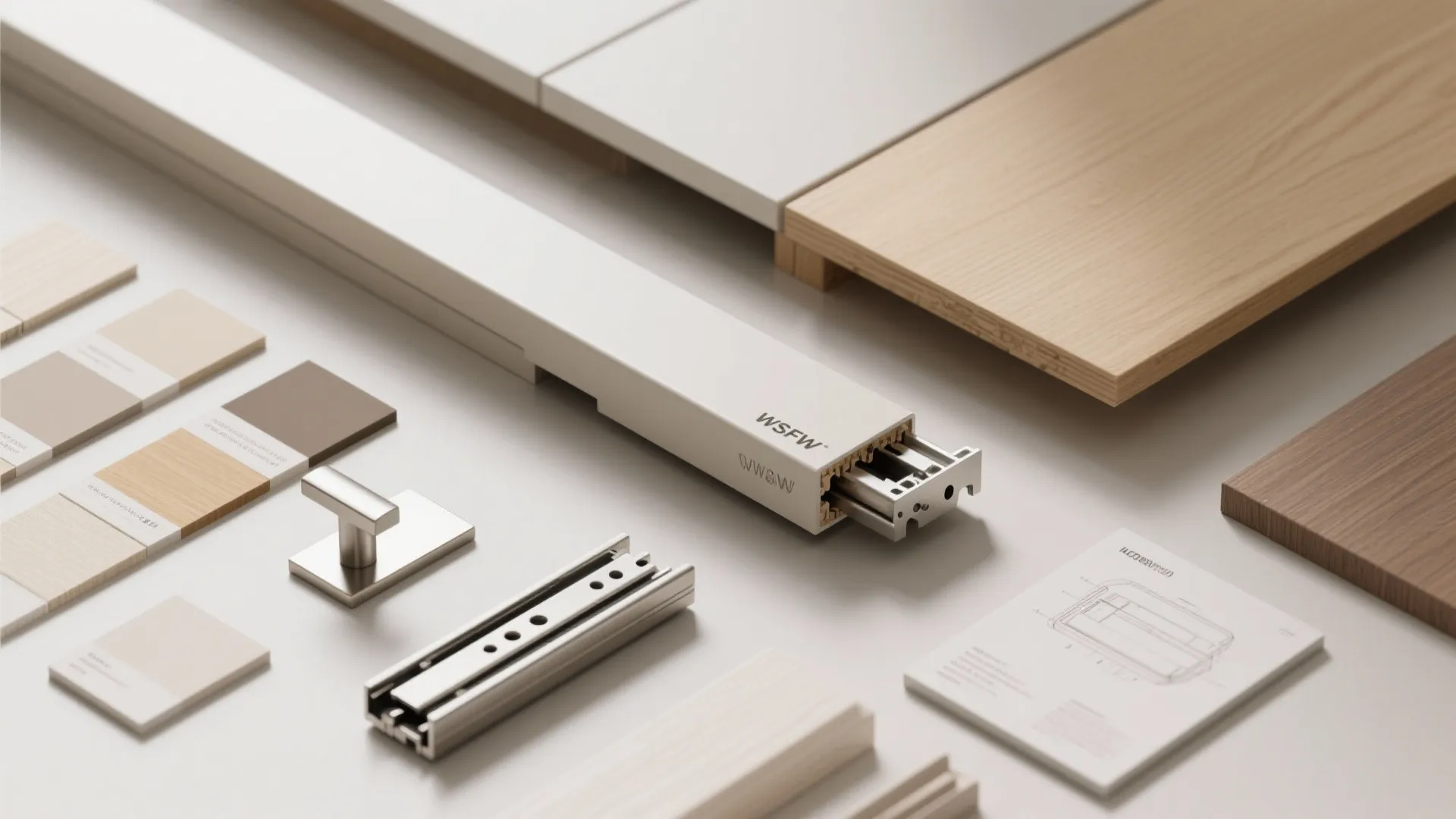 Interior design materials including wood samples color swatches metal hardware and white cabinet door parts