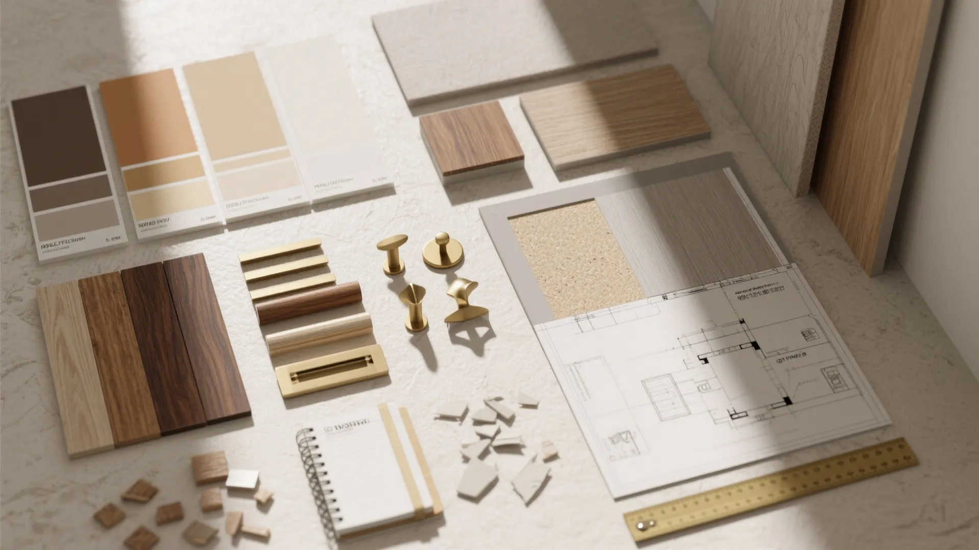 Top-down layout of paint swatches, wood veneer samples, hardware pieces and a budget notebook for kitchen planning.