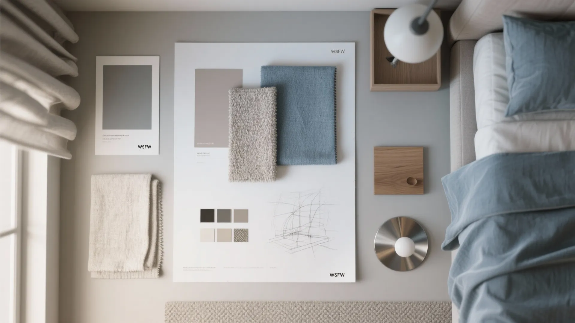 Top view of interior design mood board with fabric swatches color samples and small sketches