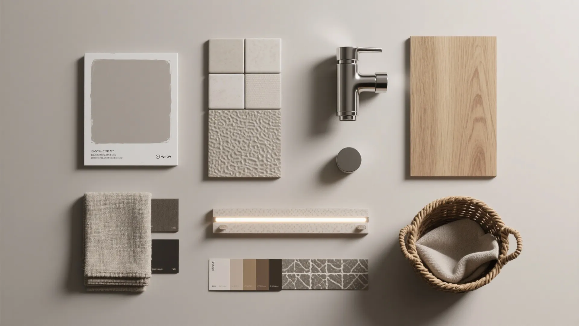 Interior design mood board with wood sample metal tap stone tiles fabric and woven storage basket
