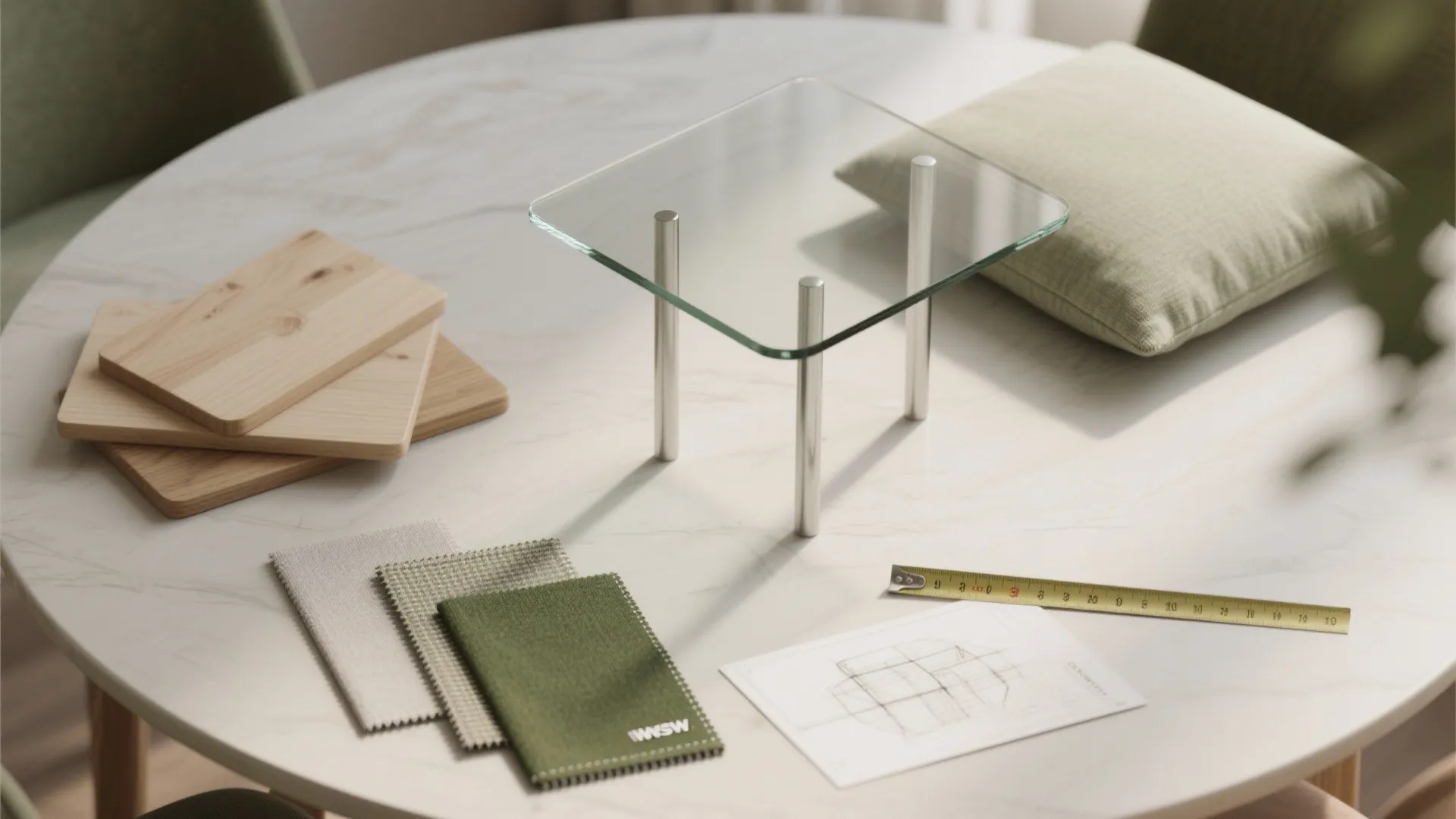 Tabletop with glass stand and wood samples plus fabric swatches and a yellow measuring tape