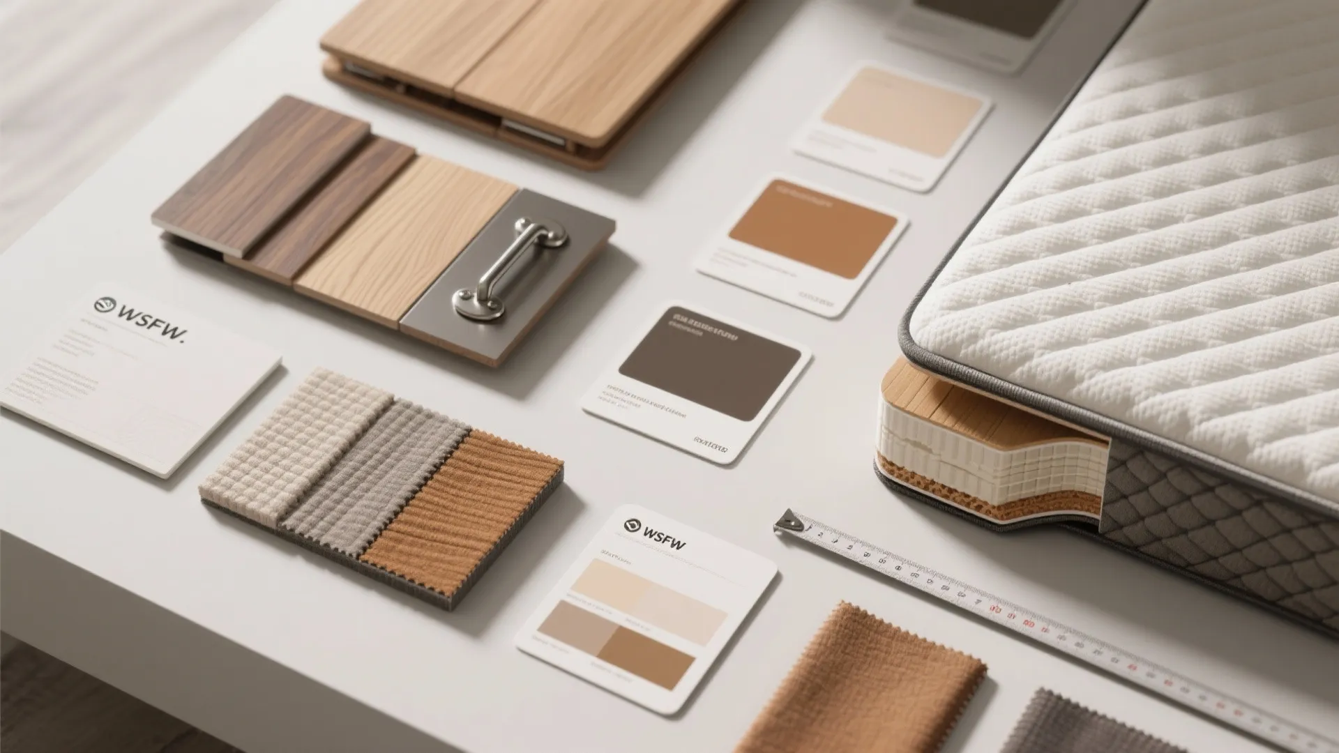 Interior design mood board with wood samples fabric swatches color cards and mattress on table