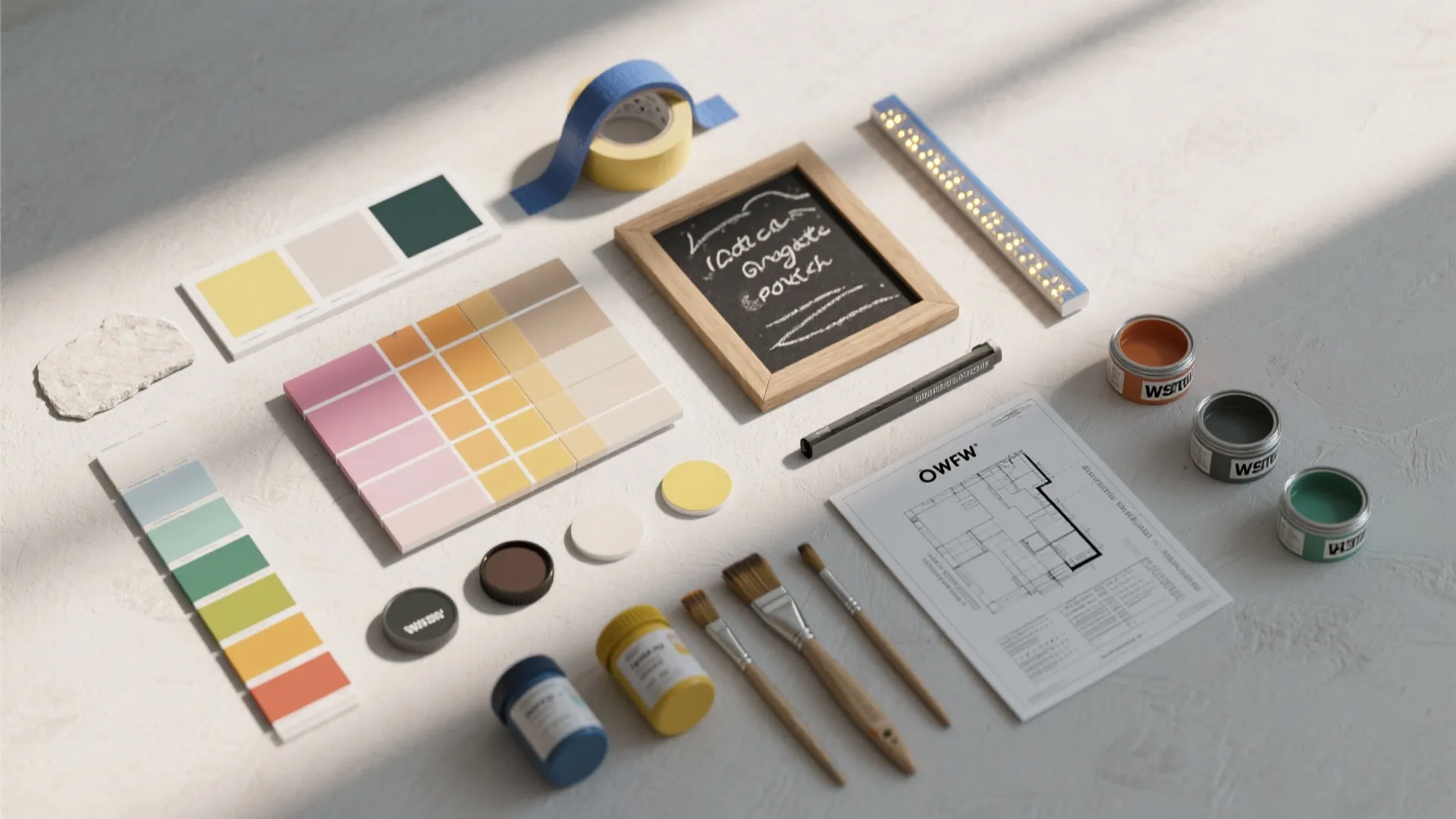 Flatlay of paint swatches, tape, chalk sample and LED strip samples for game-inspired painting projects.