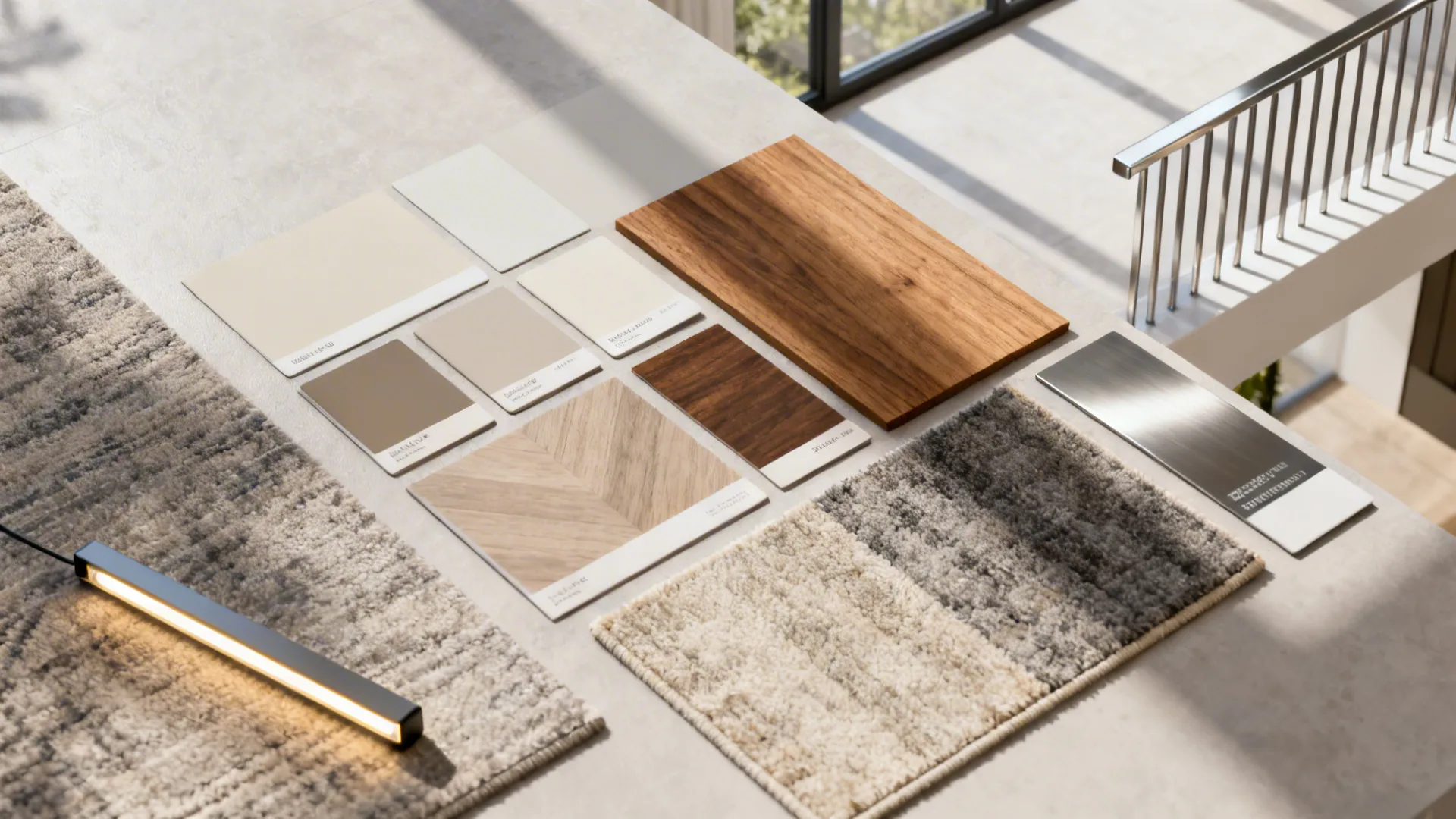 Material and color swatches for split-level living room including wood, neutral paints, rug textures and railing finish.
