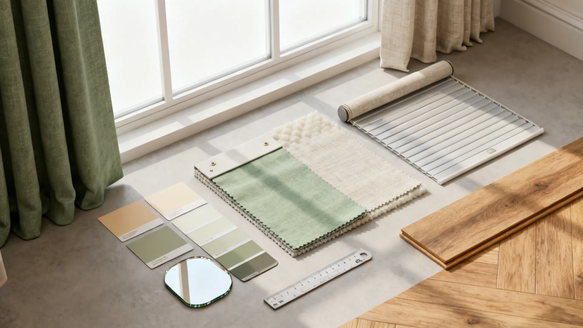 Material and color swatches including linen, paint chips, insulated blind sample, and wood flooring samples.