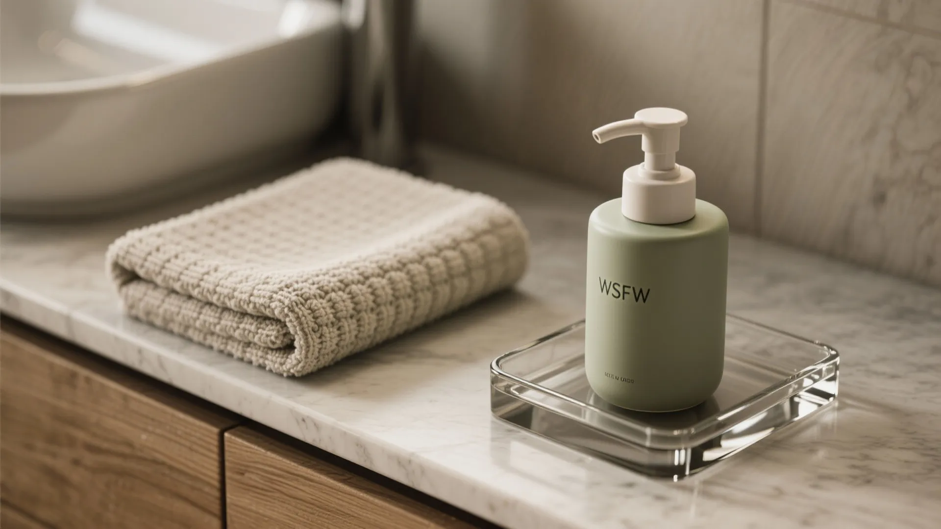 Green soap dispenser on glass tray next to folded towel on white marble bathroom counter