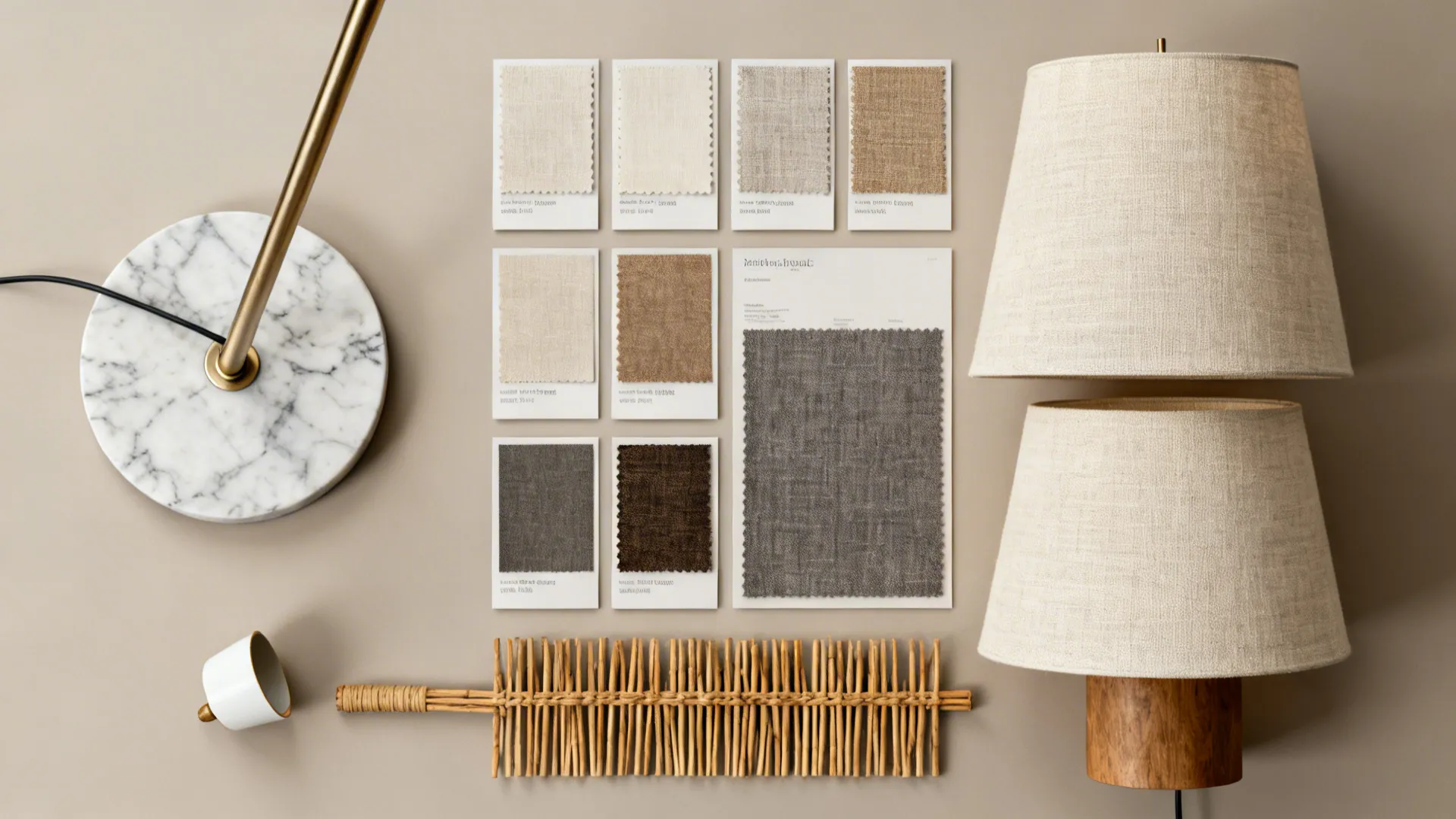 Flatlay of lamp materials and textures including metal, marble, rattan, and linen swatches.