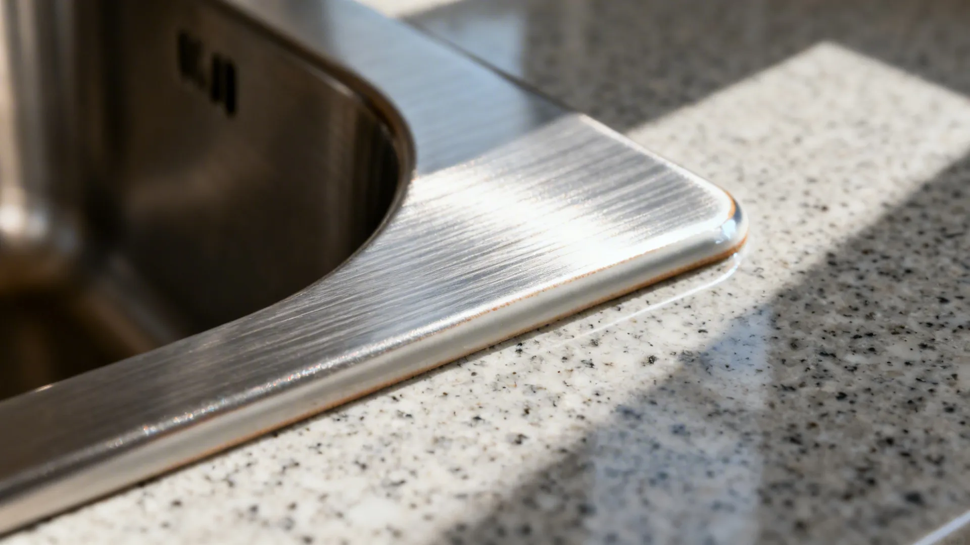 Close up of stainless steel sink edge showing brushed metal texture on a white speckled countertop