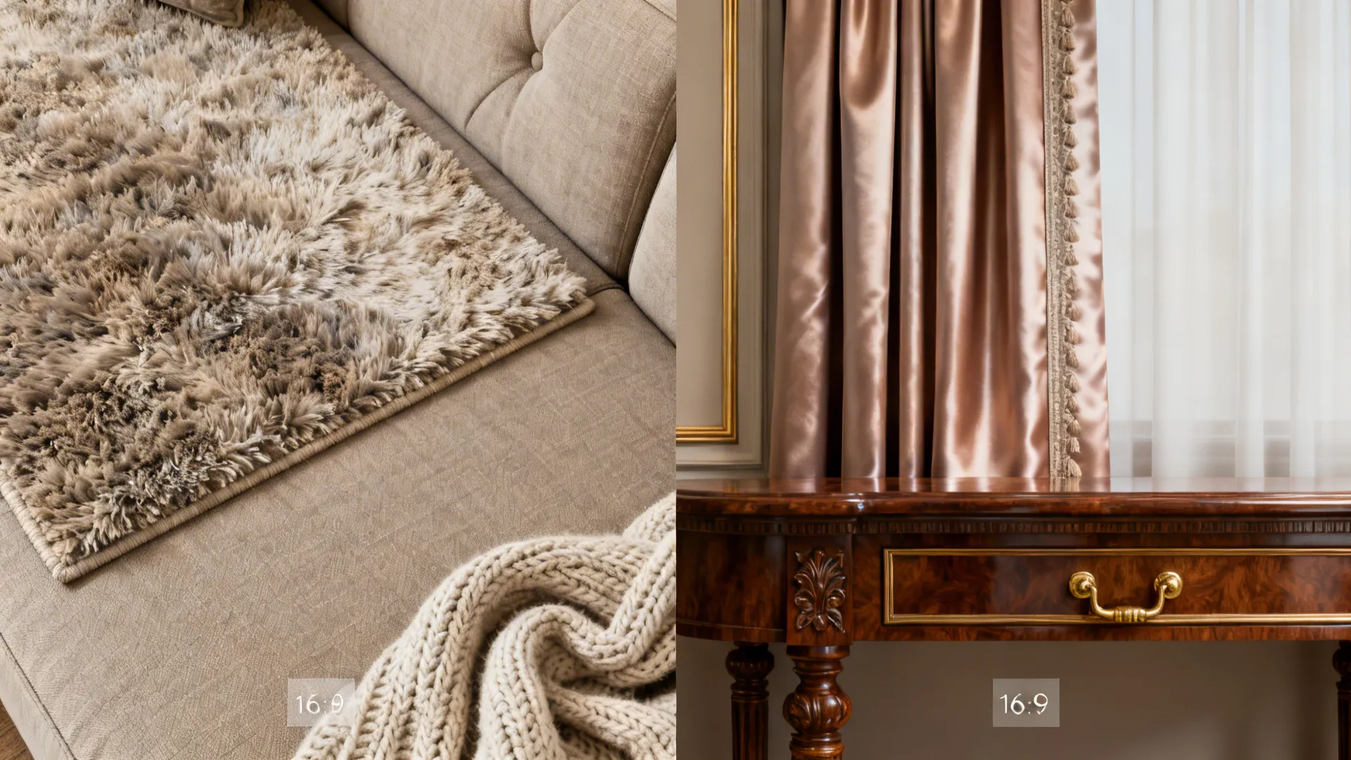 Flatlay of rug, upholstery, curtain and brass hardware samples showing living vs drawing room materials.