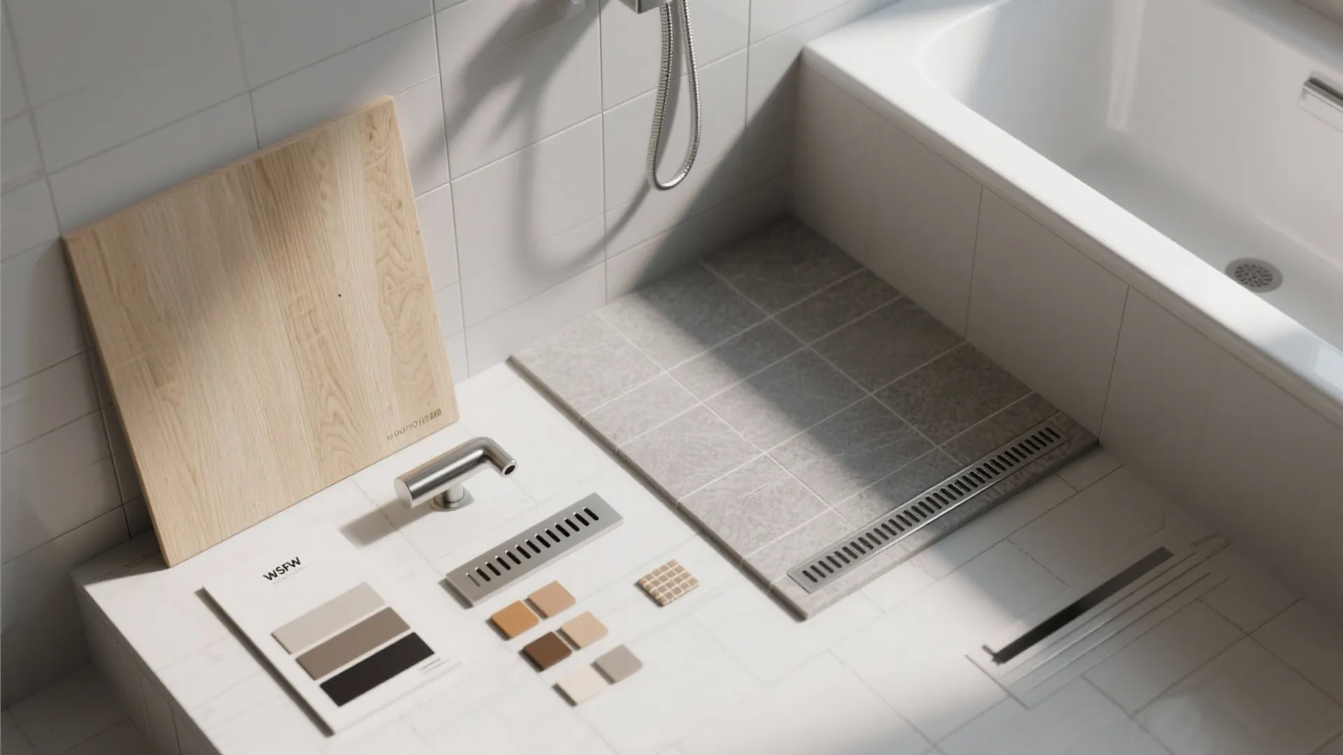 Bathroom material samples with wood board grey tiles color palette metal drain and white bathtub corner