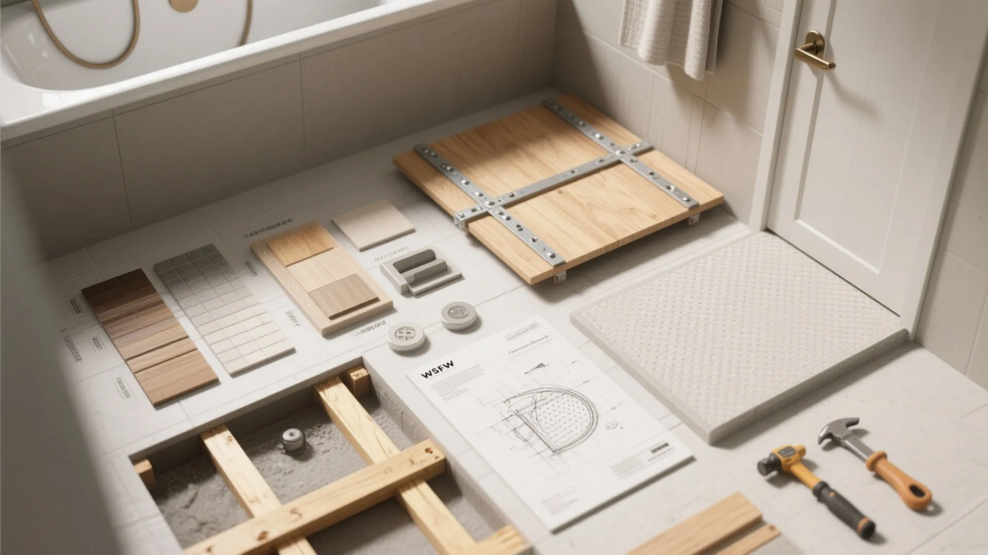Flatlay of materials and tips for deep tub installation: tile samples, wood swatches, reinforcement sketch.