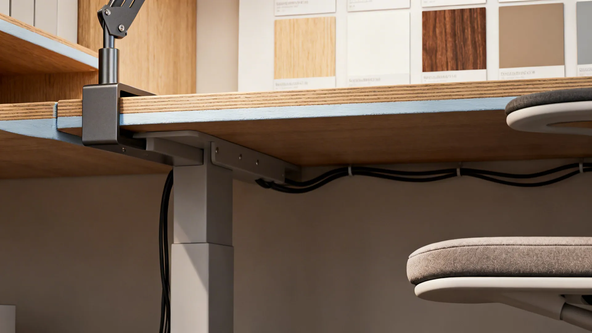 Close up view of a wooden desk with grey clamp light and material sample boards