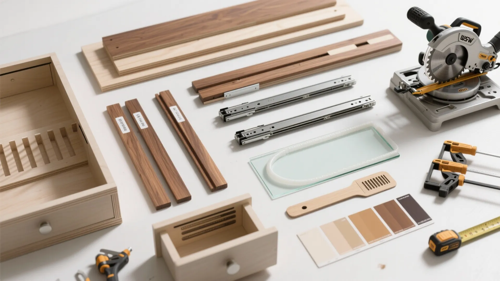 Wood boards and tools including power saw and tape measure laid out on white surface