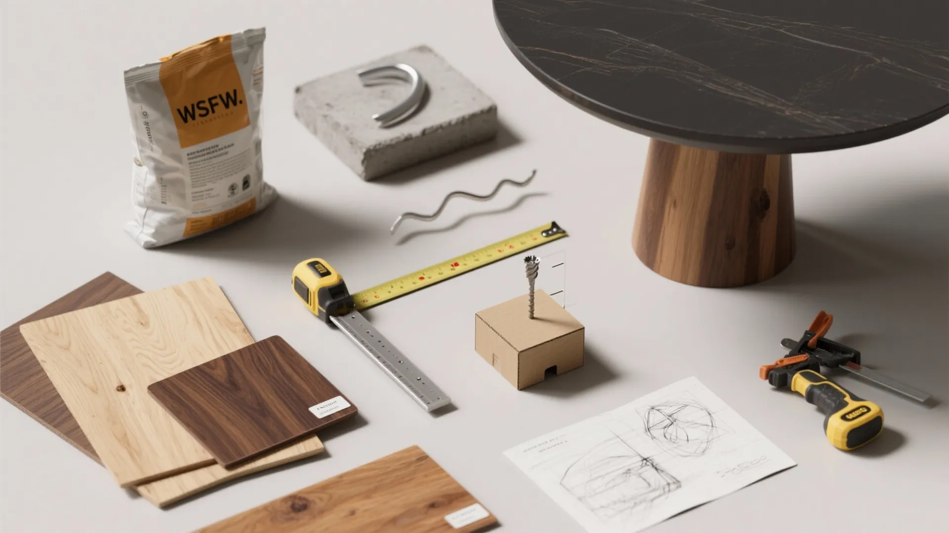 Wood samples and tools like measuring tape and glue bag arranged for furniture design project