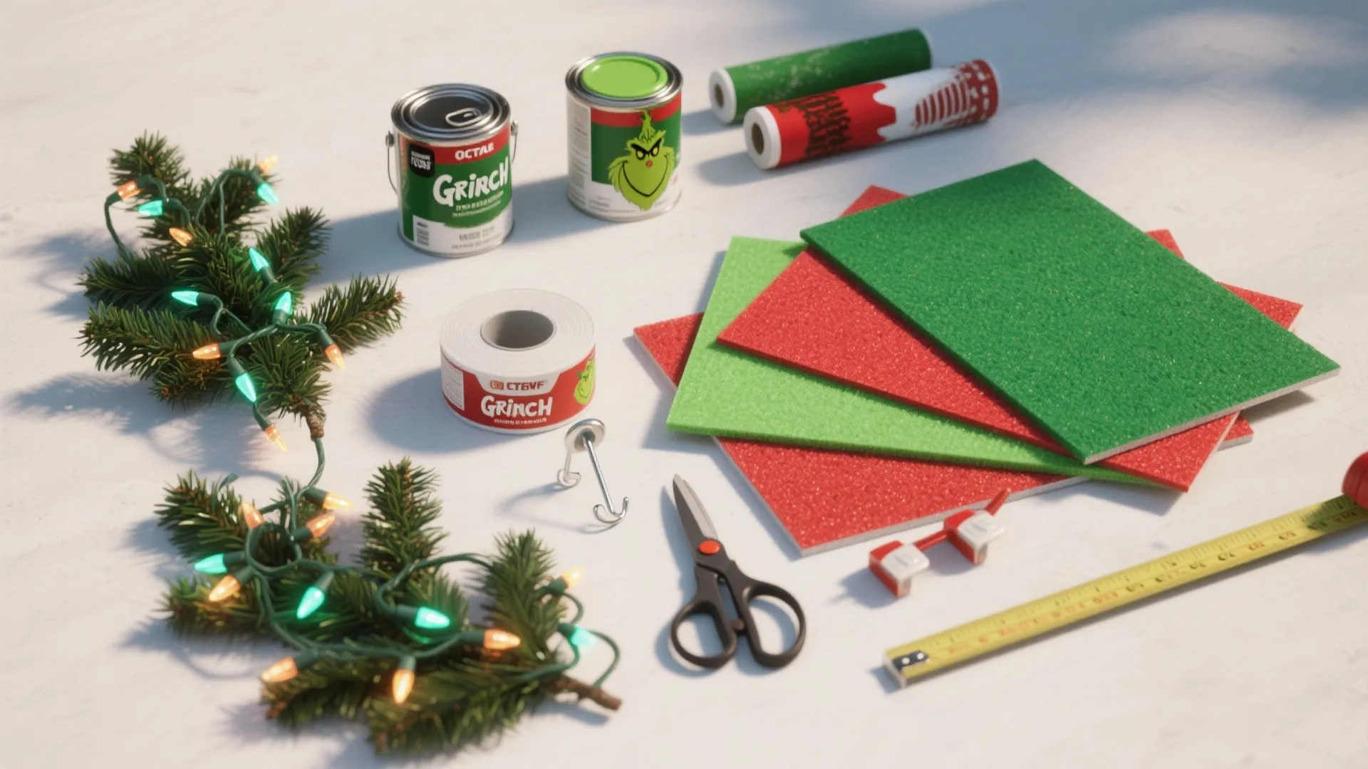 DIY Christmas craft materials including paint cans green foam boards scissors tape and festive light strings