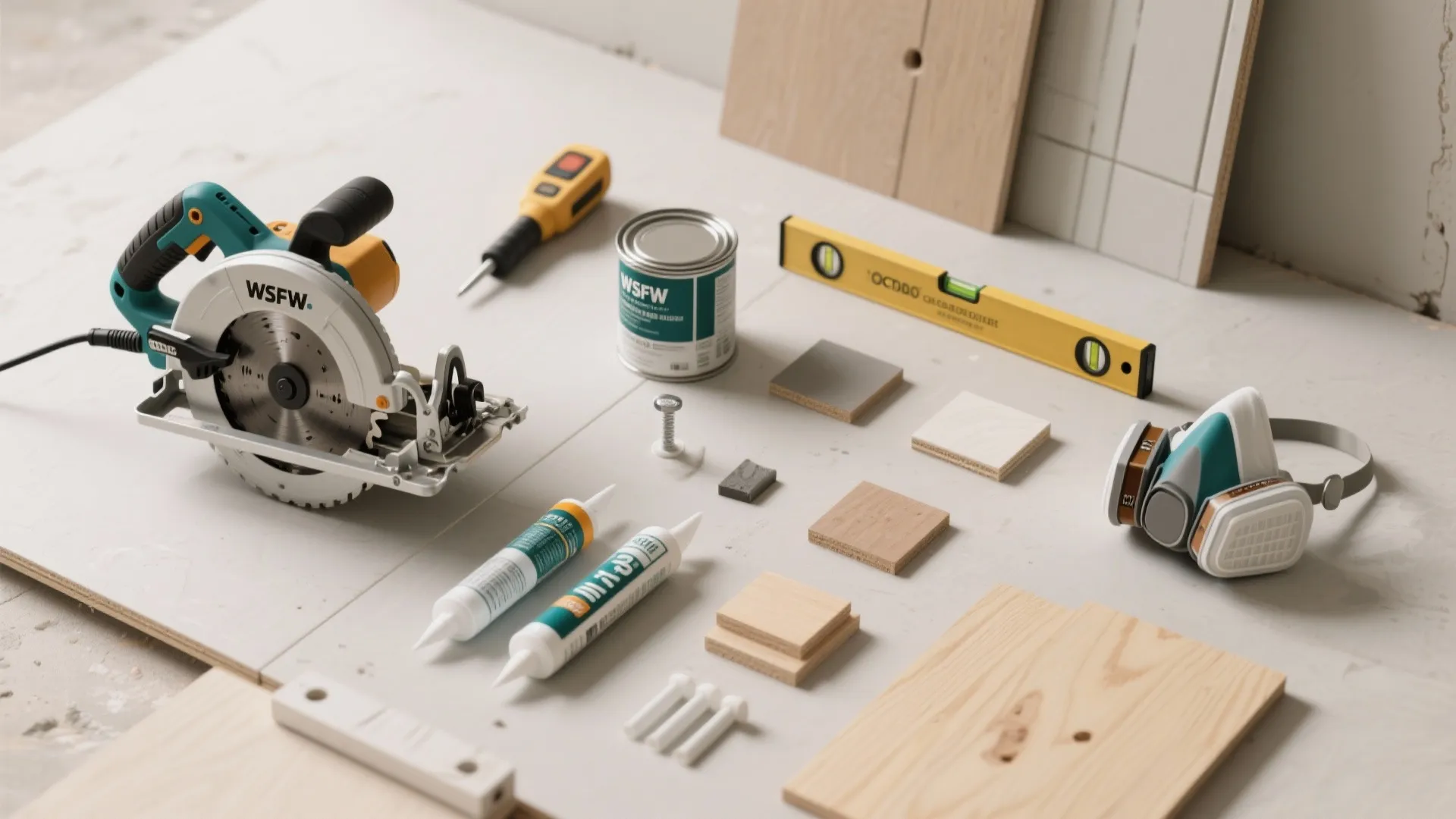 Various home improvement tools like circular saw, level, paint, wood boards, and a safety mask