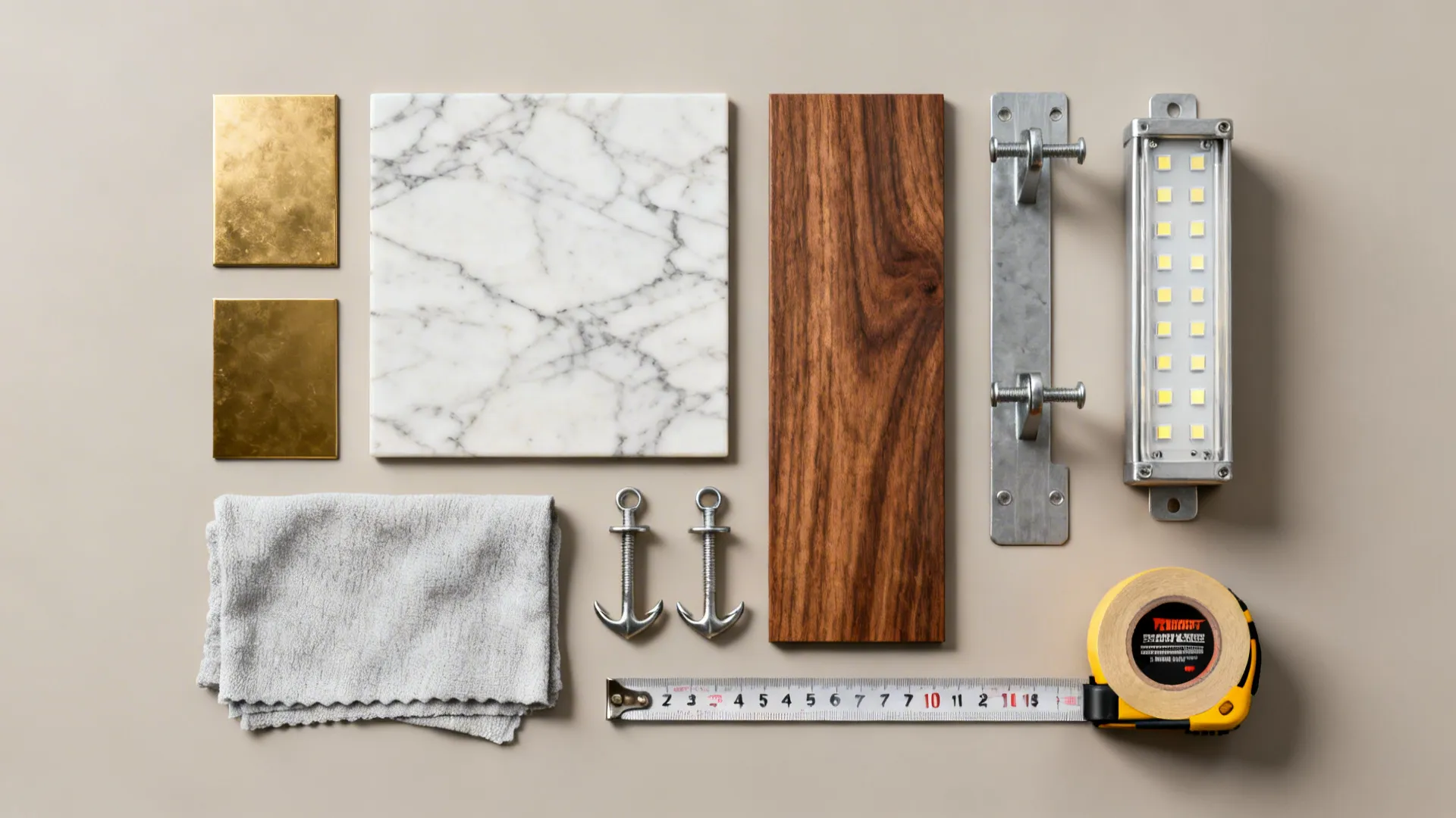 Flatlay of brass, marble, wood samples and mounting hardware for luxury clocks with measuring tape and LED module