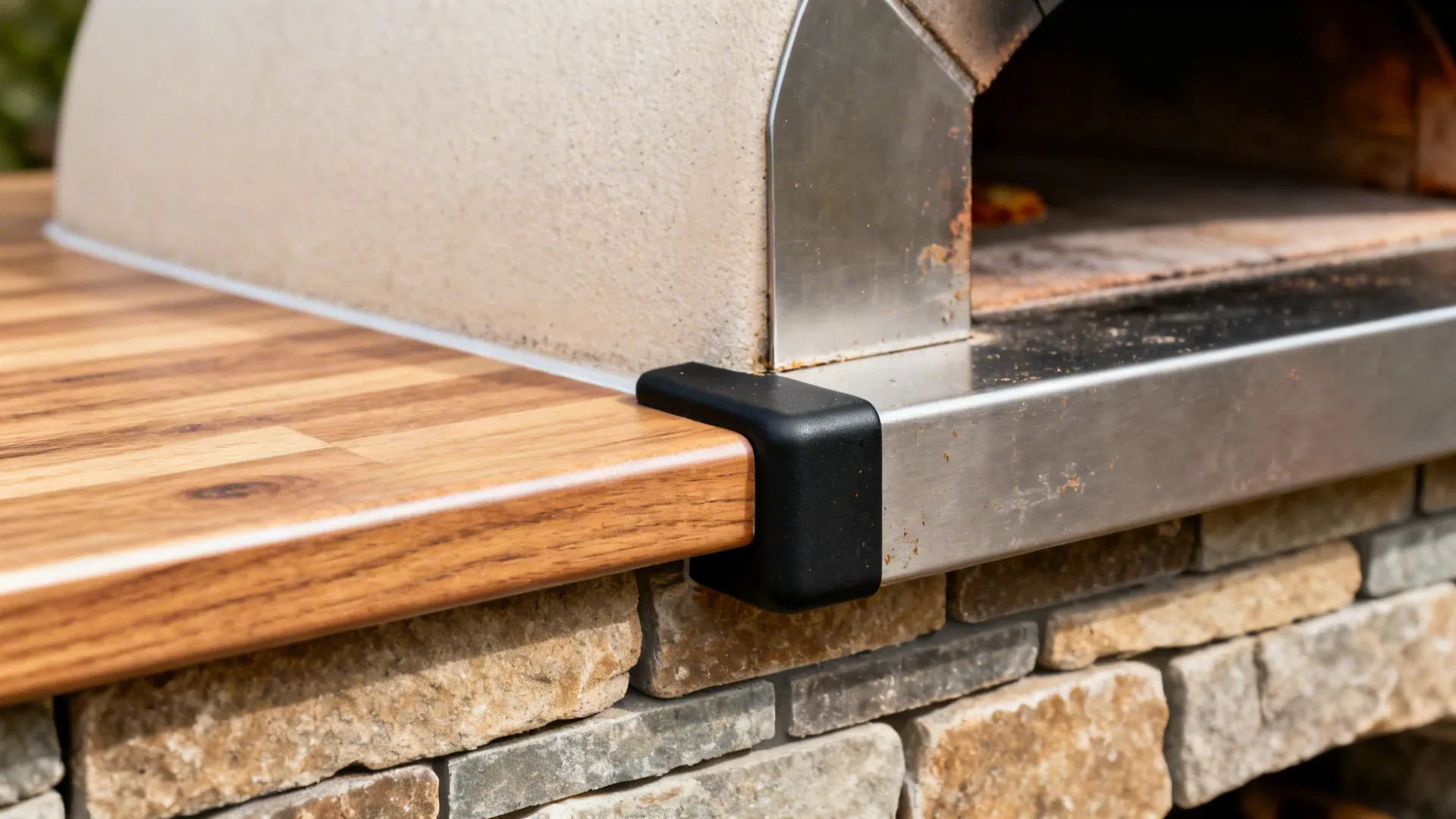 Wooden countertop meeting metal pizza oven base with corner protector above a stone brick wall.