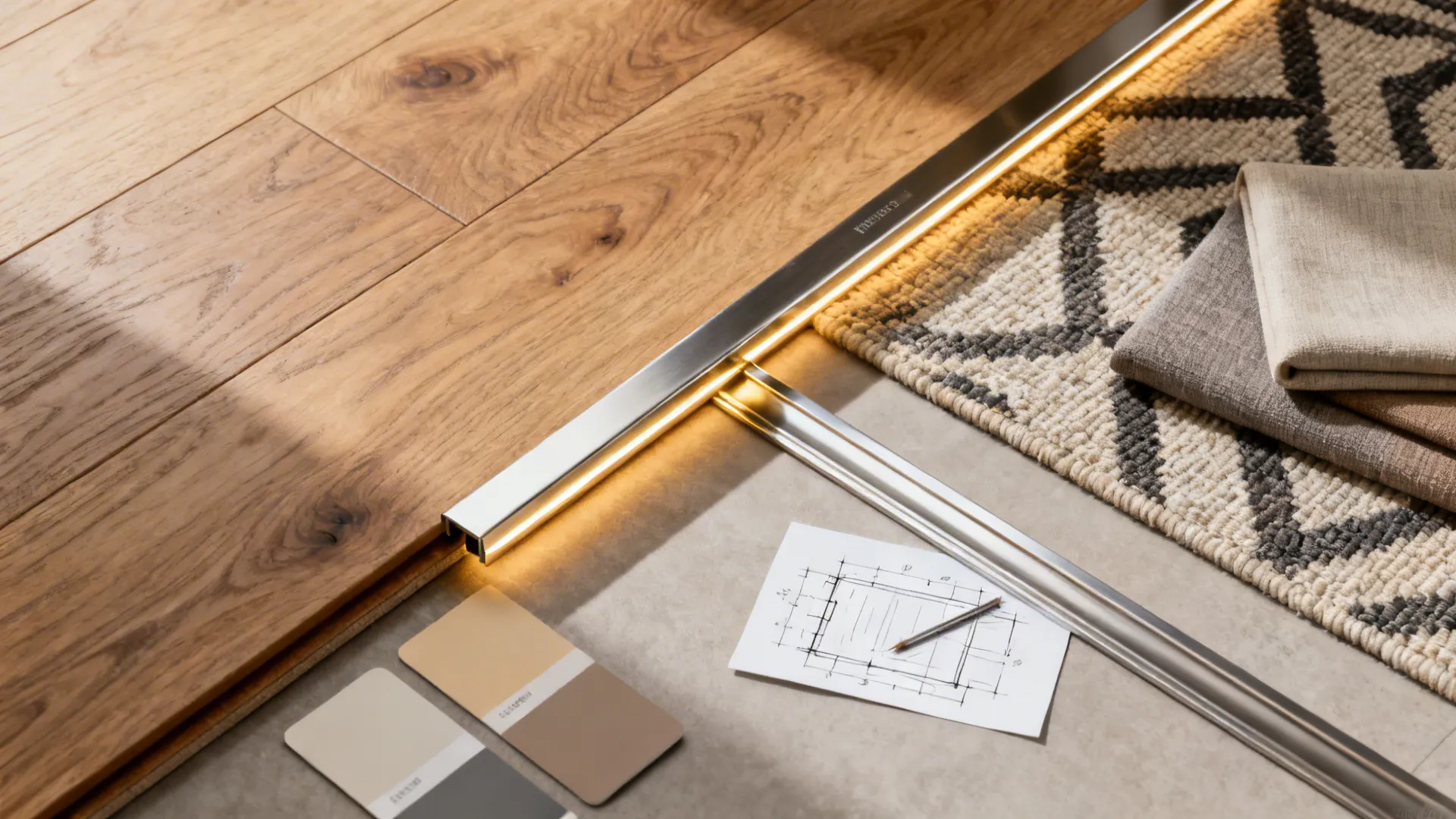 Close up of wood and stone flooring with light fixture strip and interior design drawing