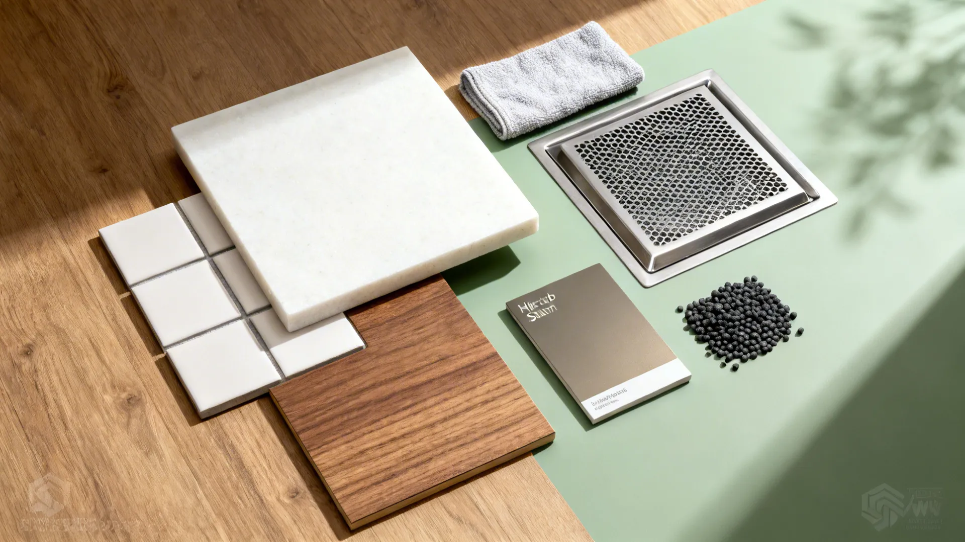 Flat lay of quartz, porcelain, matte wood veneer, satin paint chips, and hood filter elements in a neutral palette.