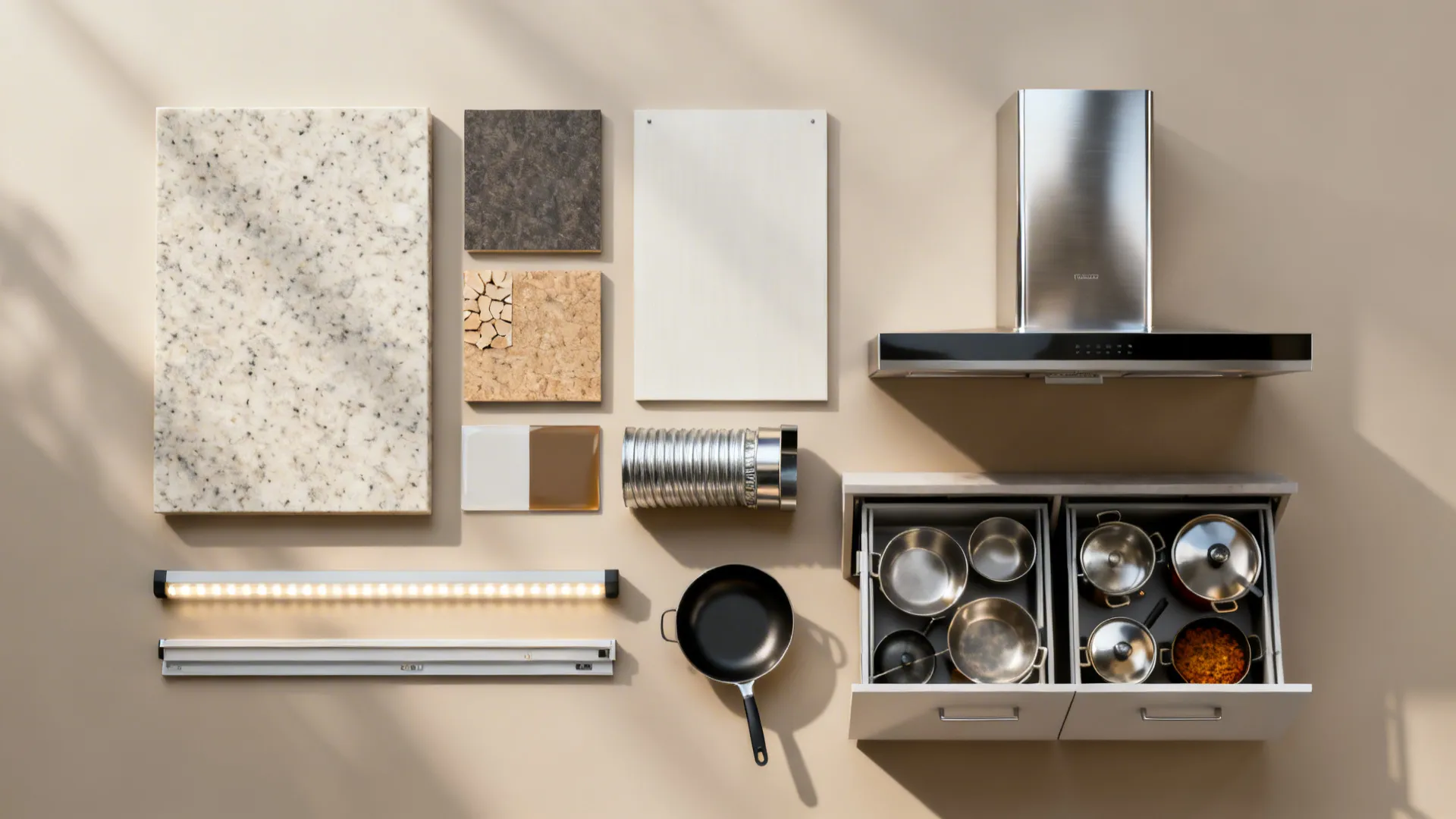 Flat lay of quartz, compact laminate, finishes, chimney filter, and drawer systems.