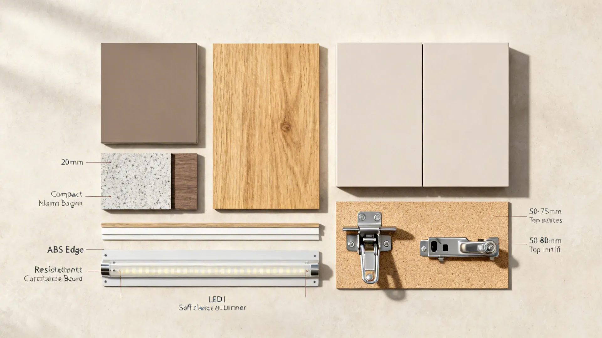 Flat-lay of matte fronts, wood veneer, quartz, hardware, and spacers for scribes and service voids.