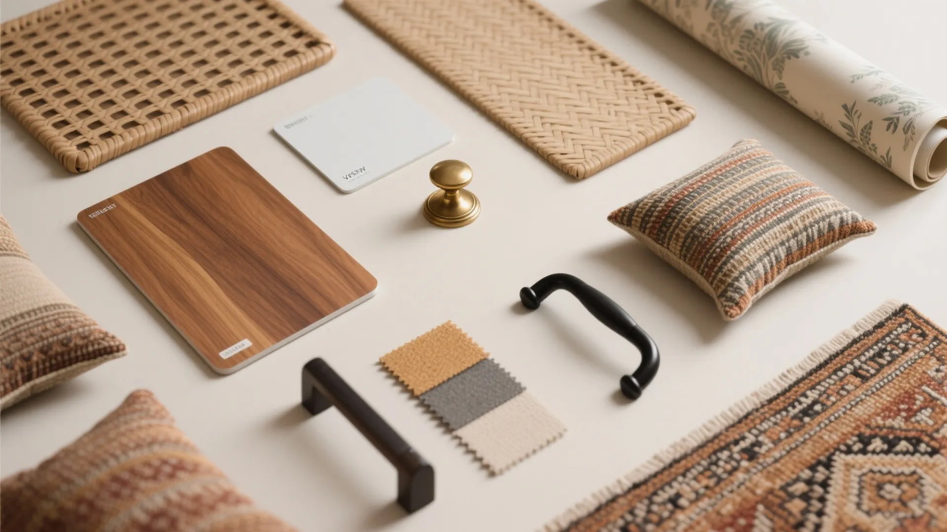 Flat lay showing various interior design materials like wood samples woven trays wallpaper and fabric