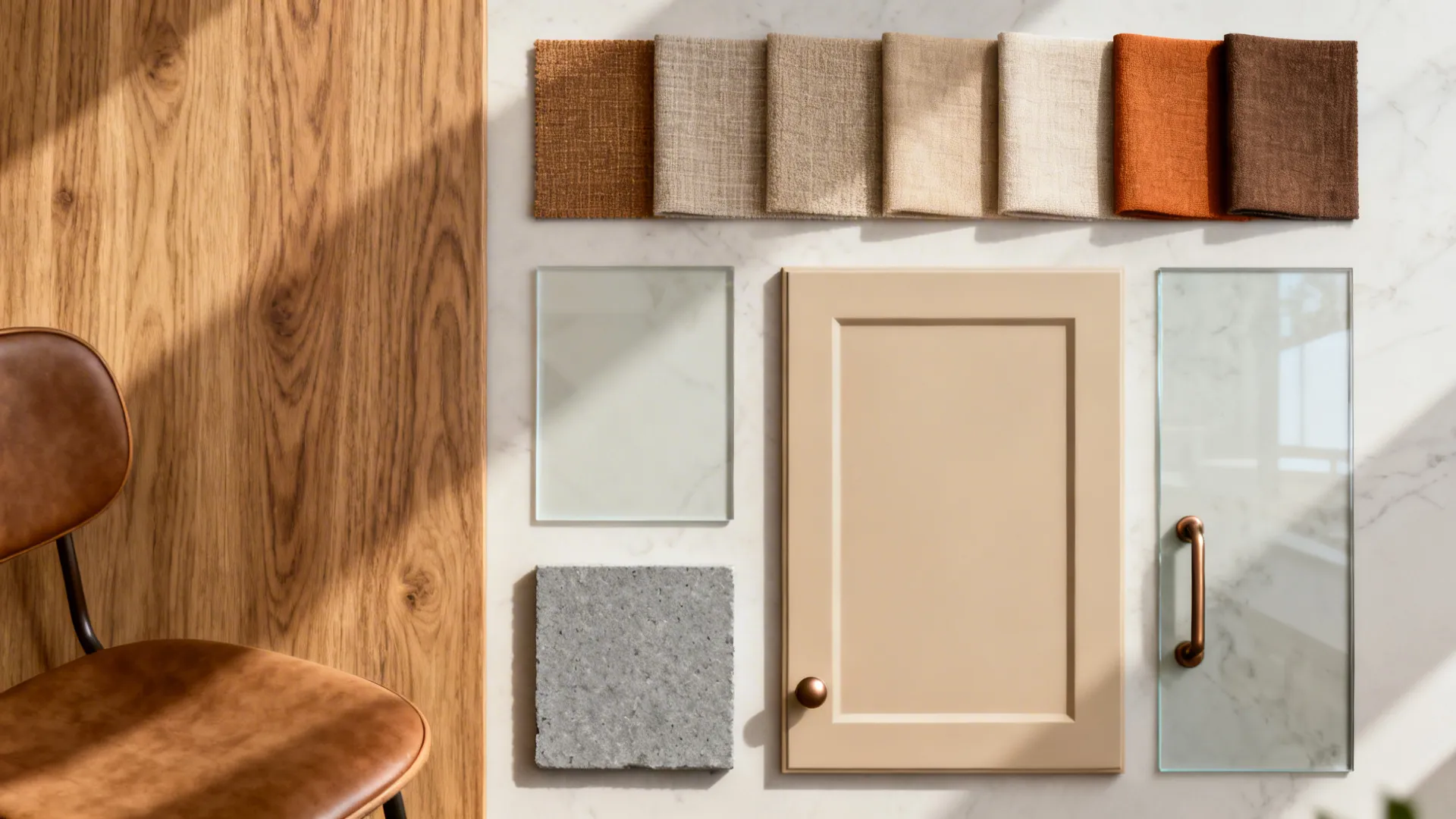 Flat lay of oak veneer, warm neutral fabrics, matte beige cabinet front, low-iron glass, soft gray stone, and bronze hardware.