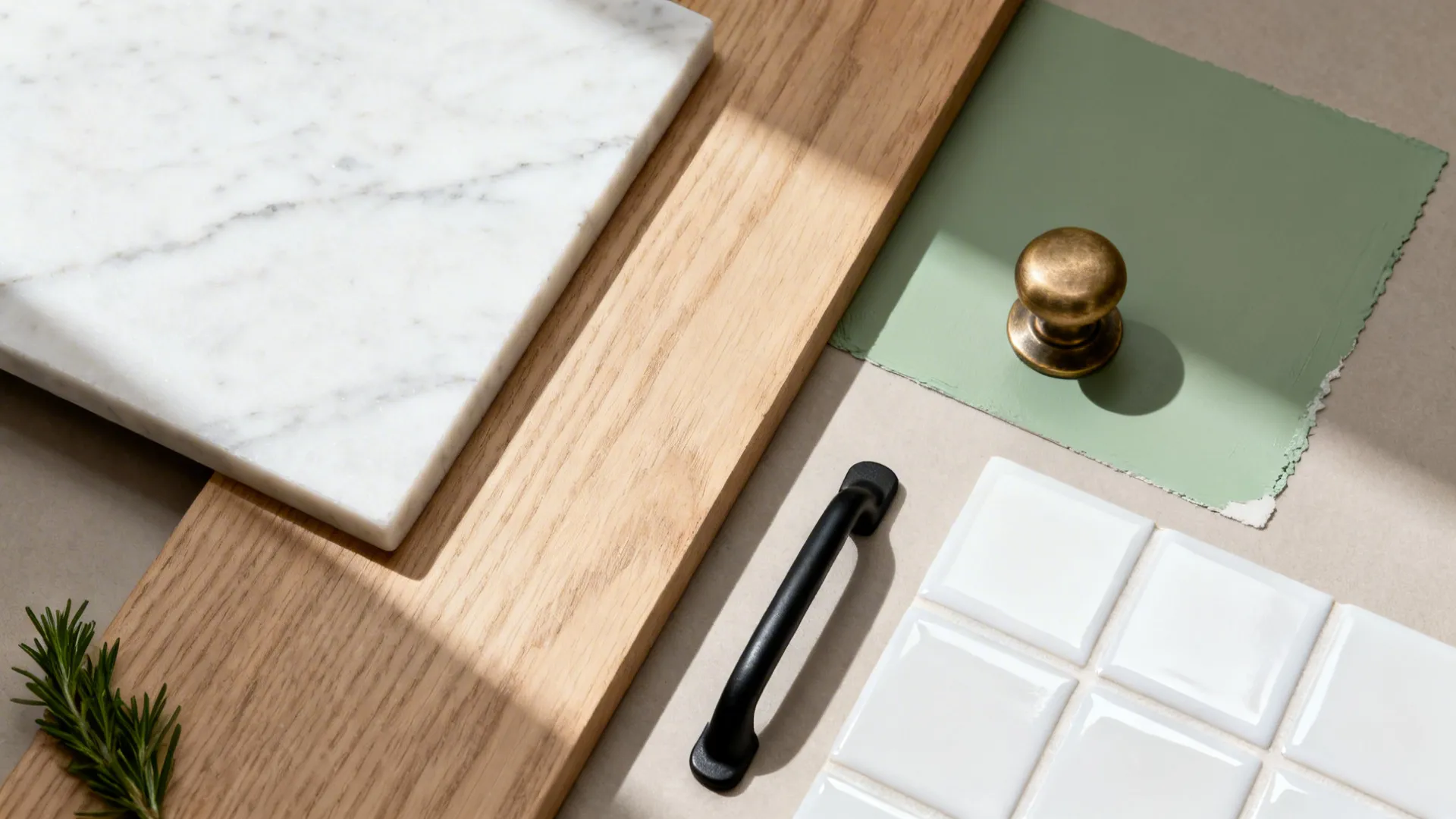 Material board with white marble wood green paint swatch brass knob black handle white tiles