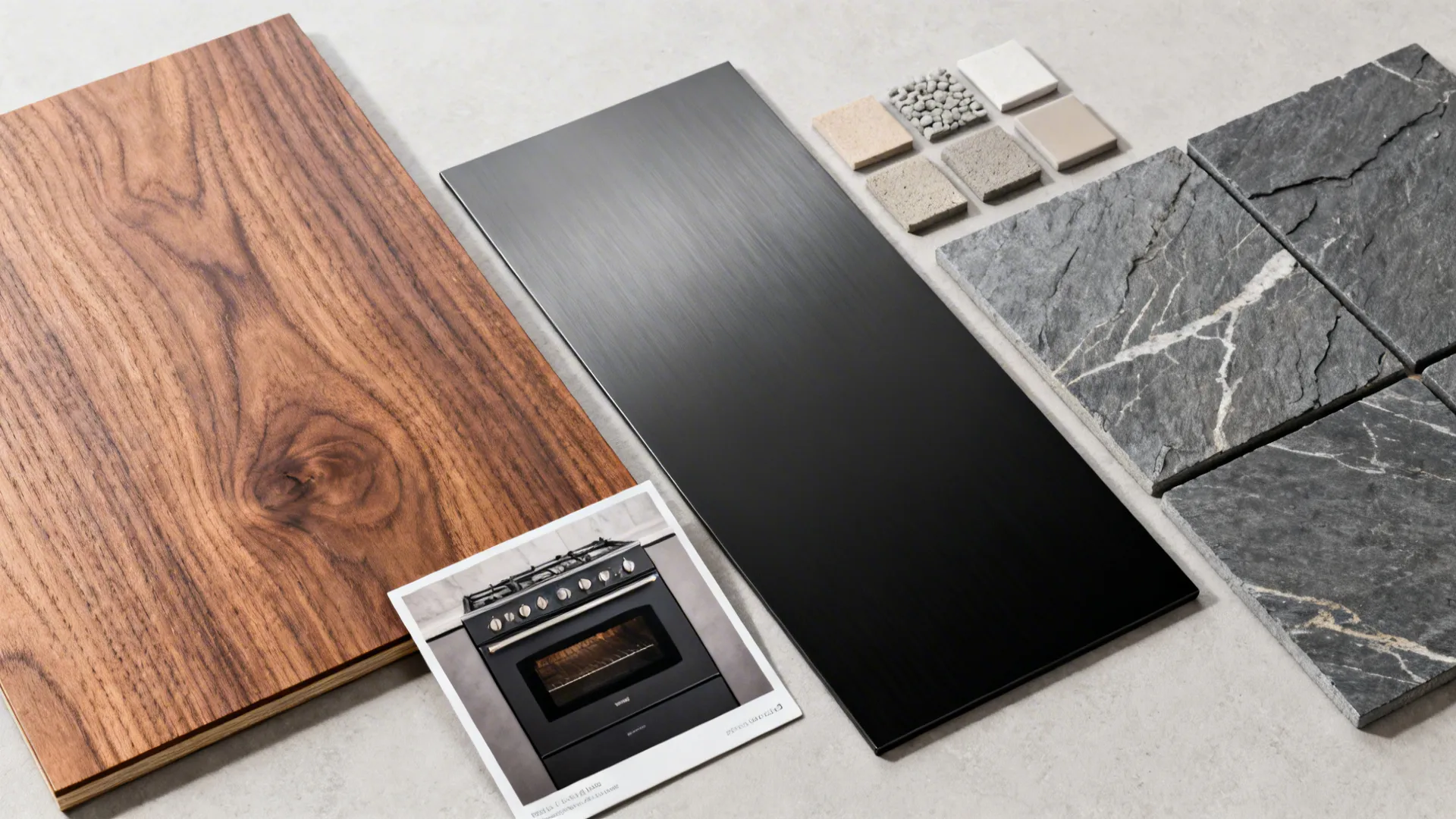 Interior design material samples including wood panel black metal sheet stone tiles and kitchen oven