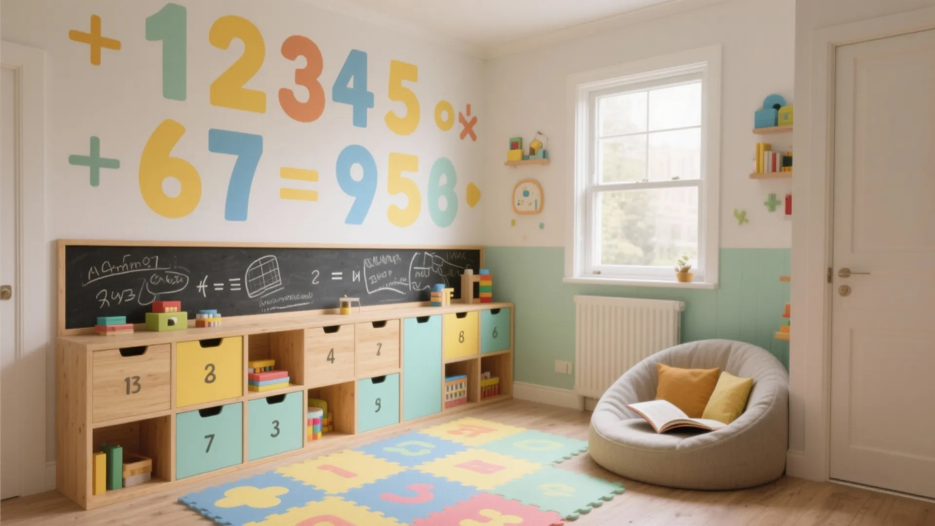 Kids learning room featuring colorful number wall stickers wooden storage cabinet chalkboard and grey bean bag