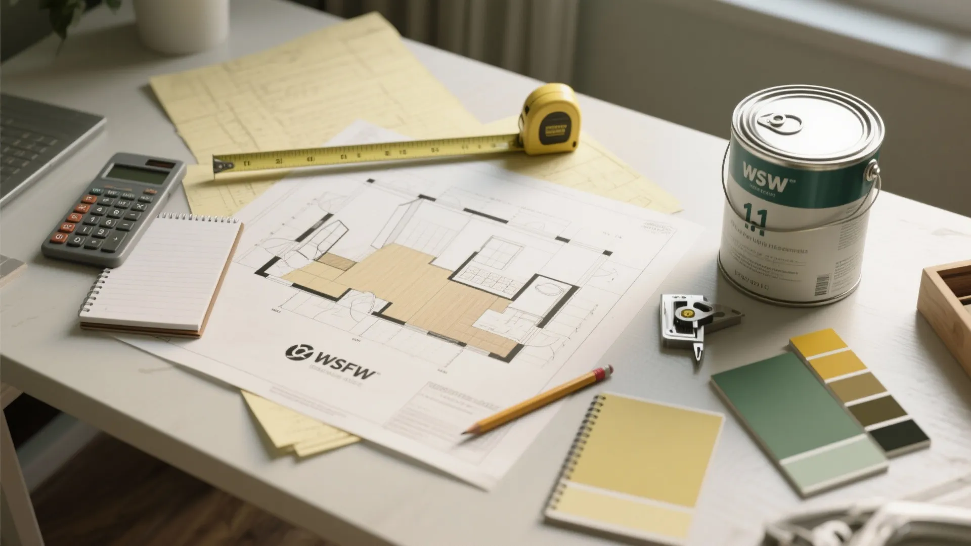 Top-down view of a table with a room floorplan, tape measure, calculator, pencil and a paint can for calculating coverage.