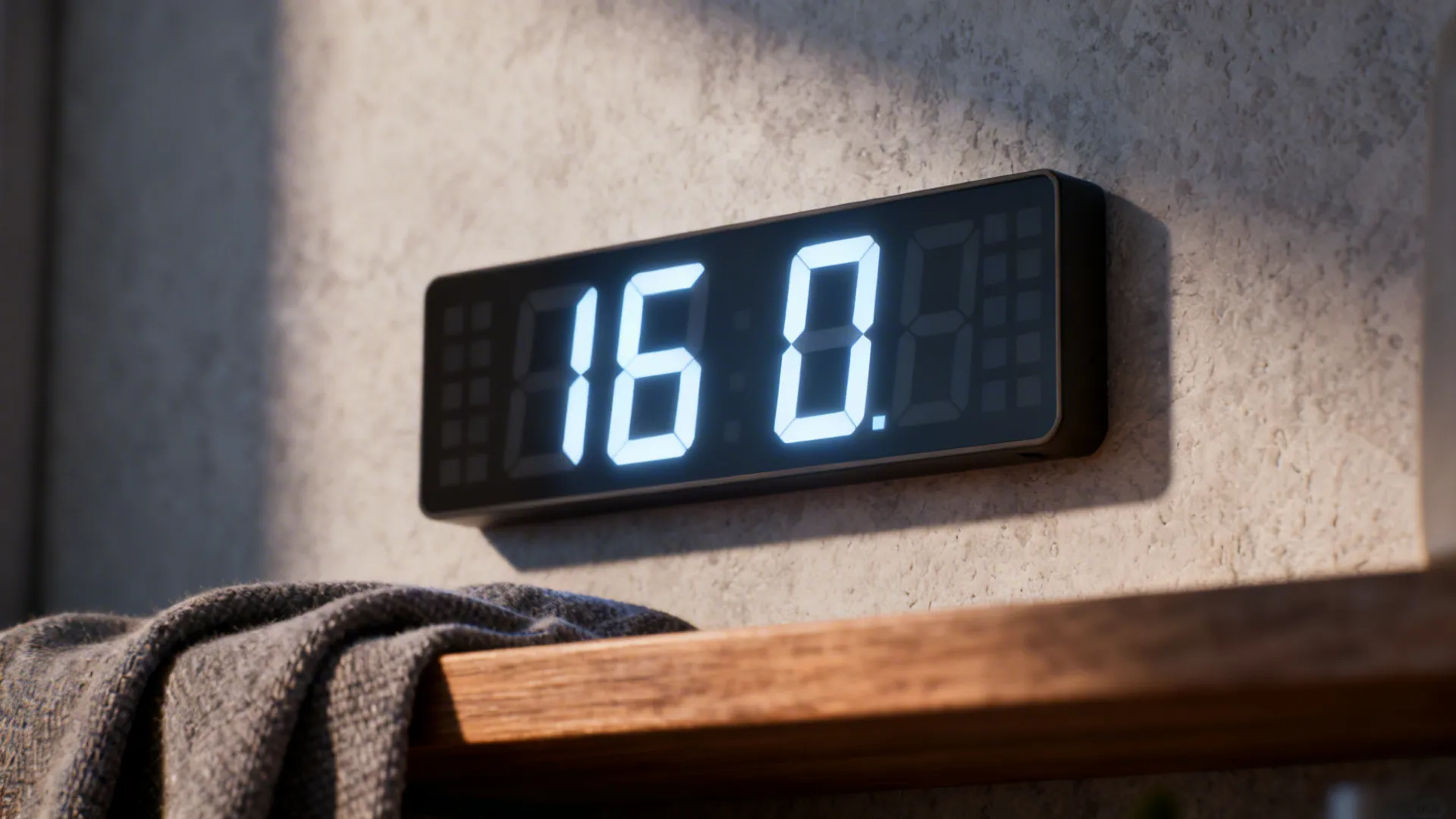 Close-up of a minimal LED matrix clock with bold digits on a textured wall and warm textiles nearby.