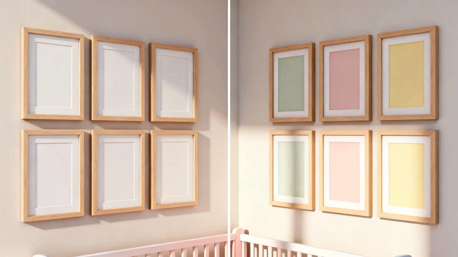 Before and after comparison of wooden picture frames with white mats versus colorful paper mat backgrounds