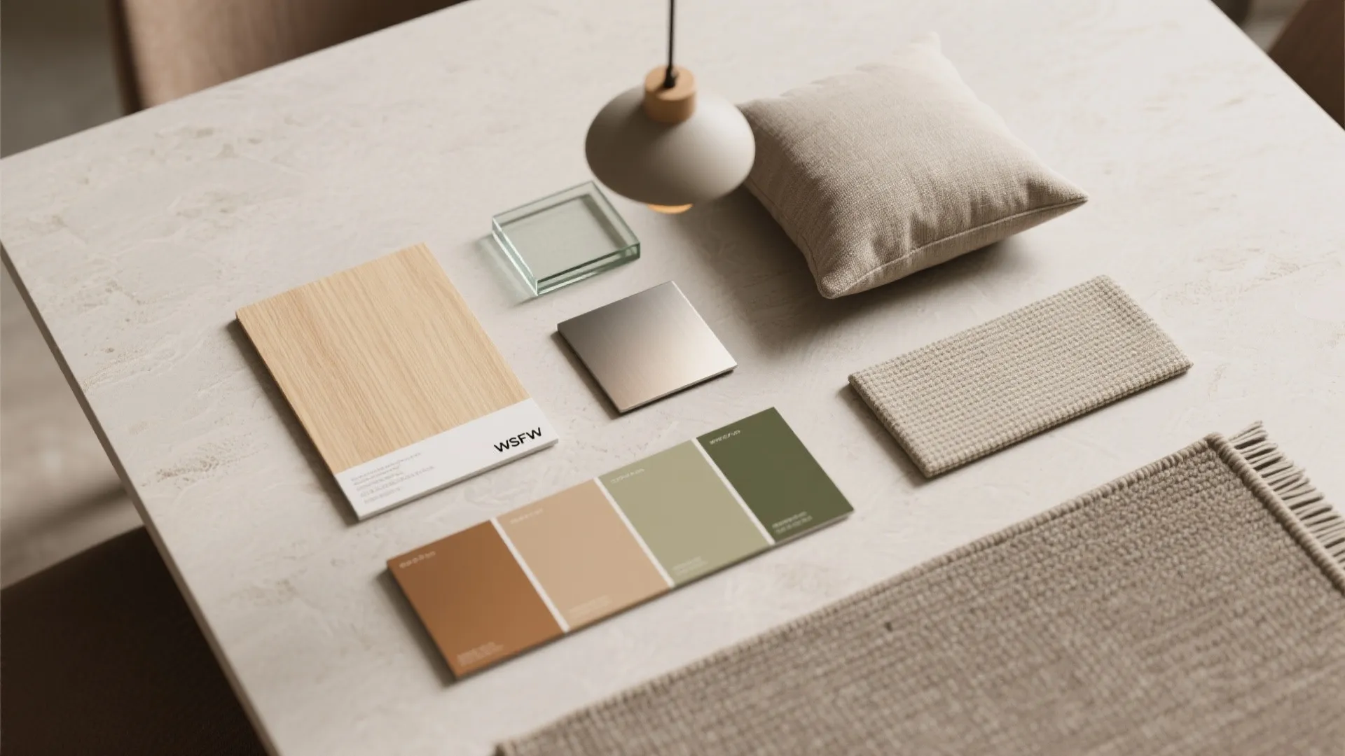 Top-down flatlay of material samples for a small dining nook: wood, glass, metal, fabrics, and paint chips.