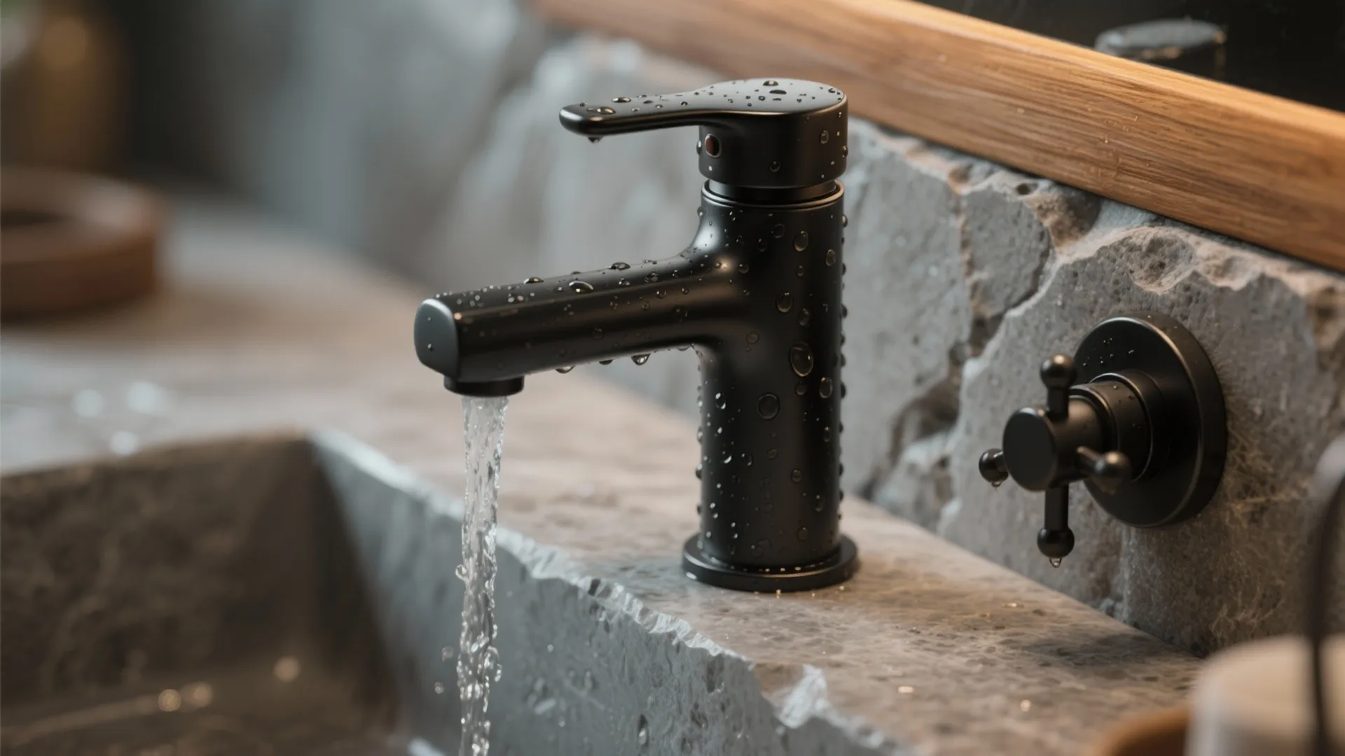 Close-up of a matt black bathroom faucet and control with textured stone sink and wood trim.