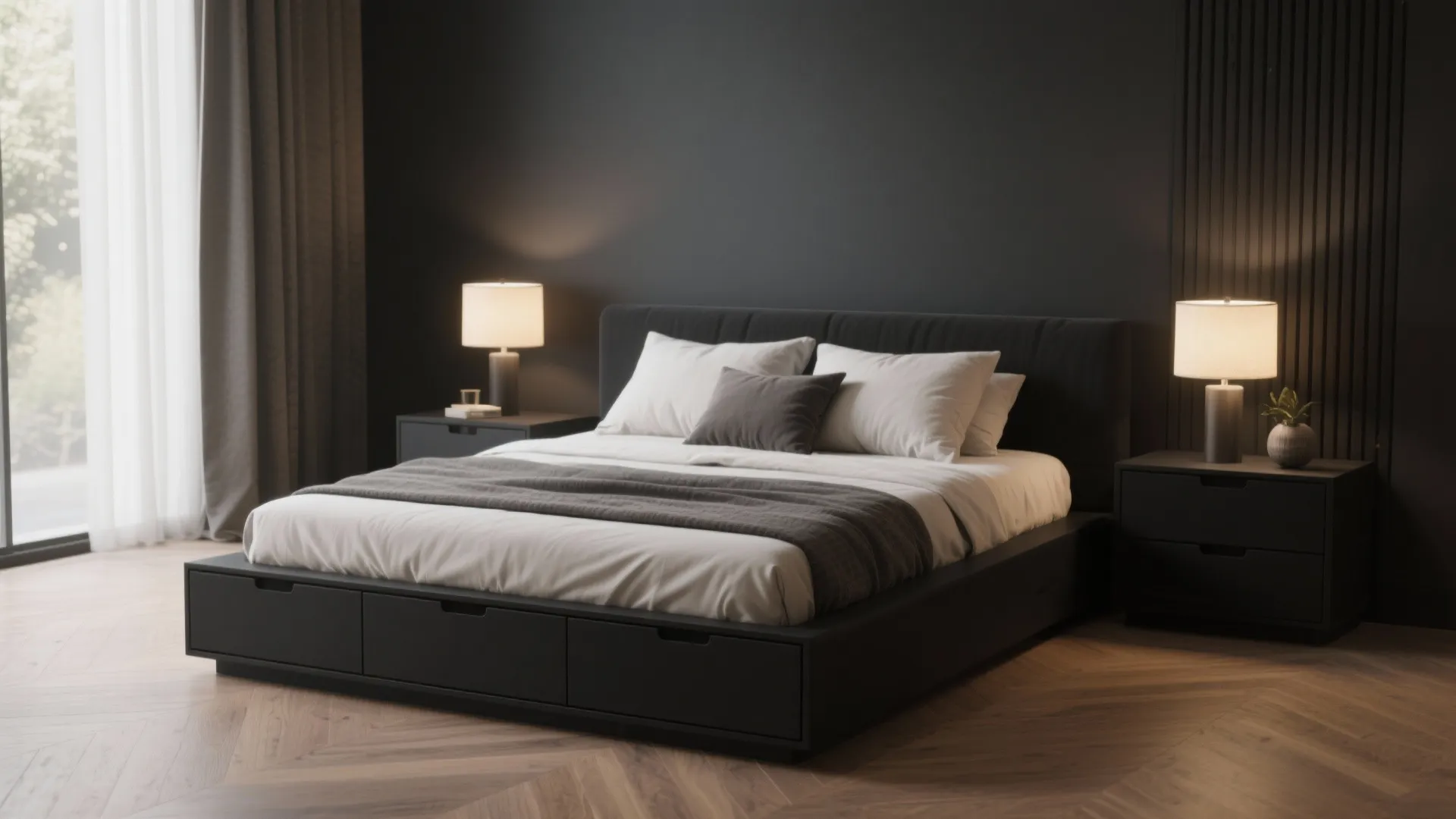 Modern black bed with storage drawers, two side tables, lamps, and dark grey bedroom walls