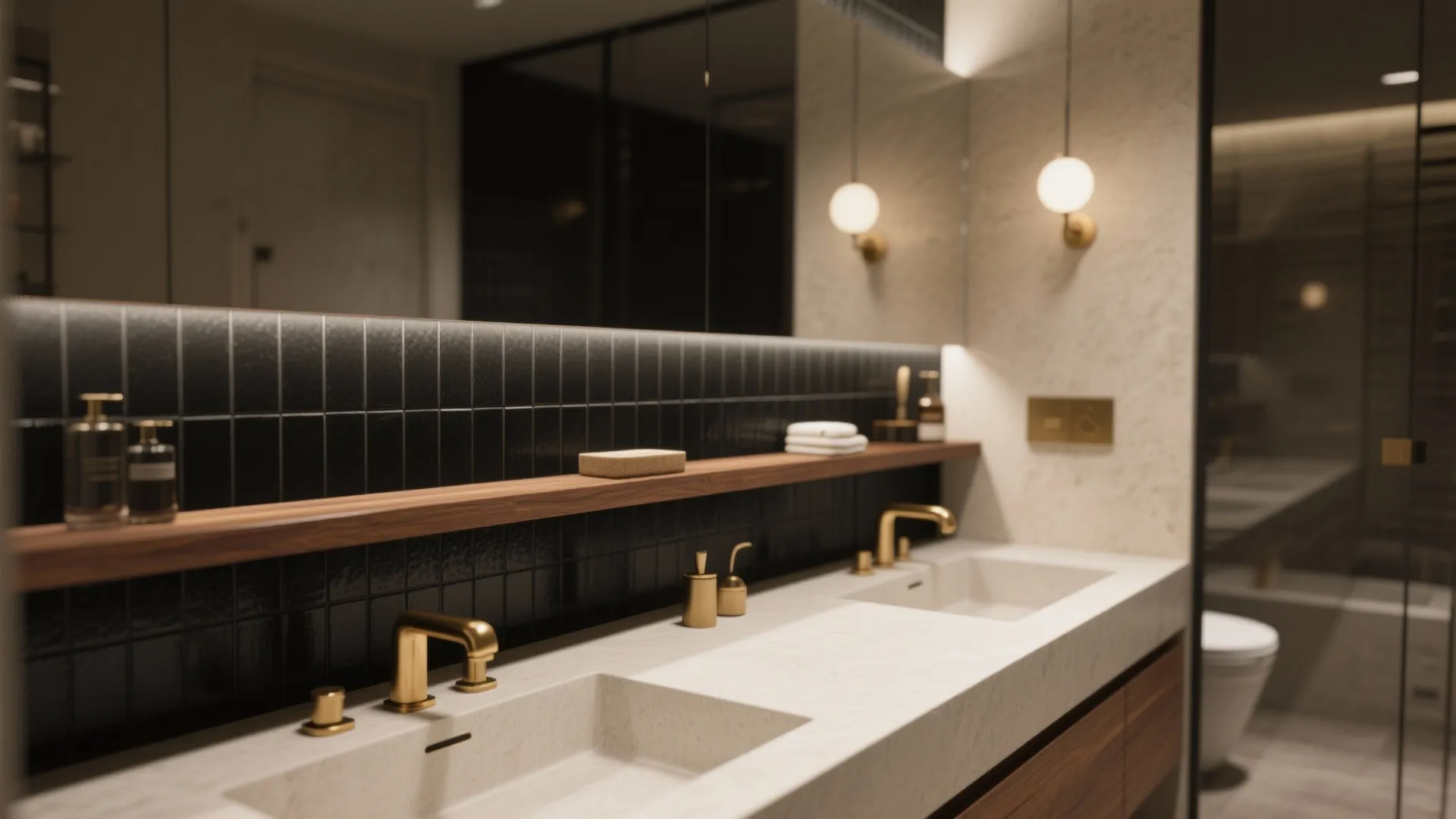 Modern bathroom vanity with white sinks, gold faucets, black wall tiles, wooden shelf, and mirrors