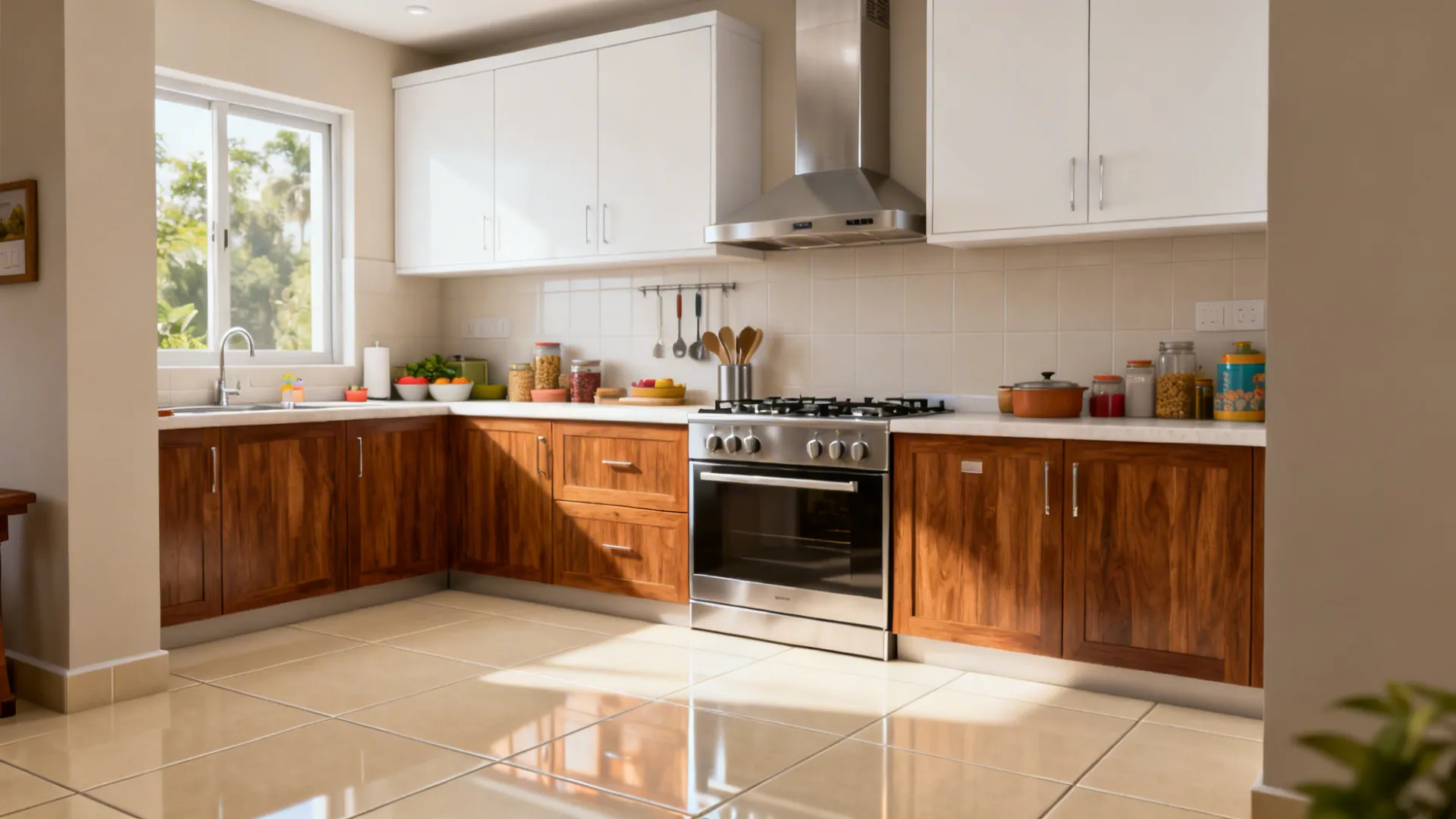 Compact Chennai kitchen with matt beige porcelain floor and clean layout