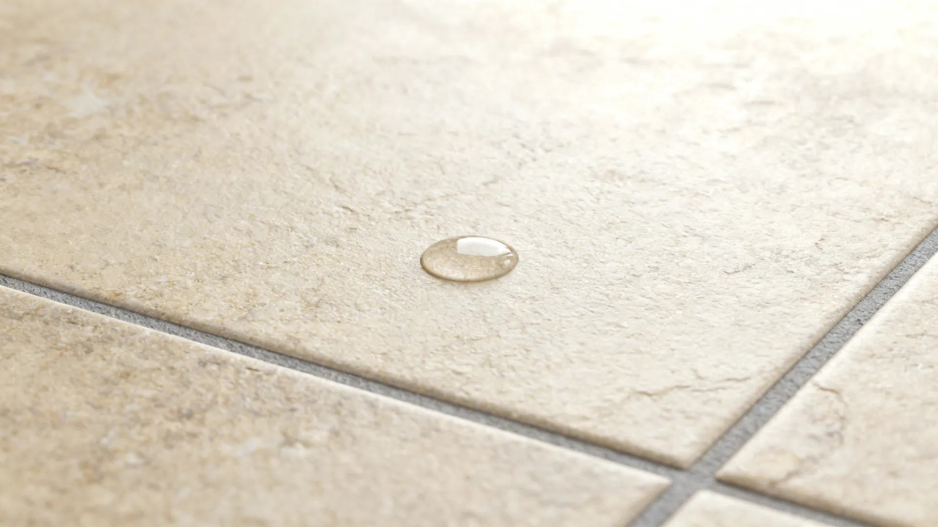 Macro of matt R10 porcelain floor tile with subtle texture and mid-grey grout