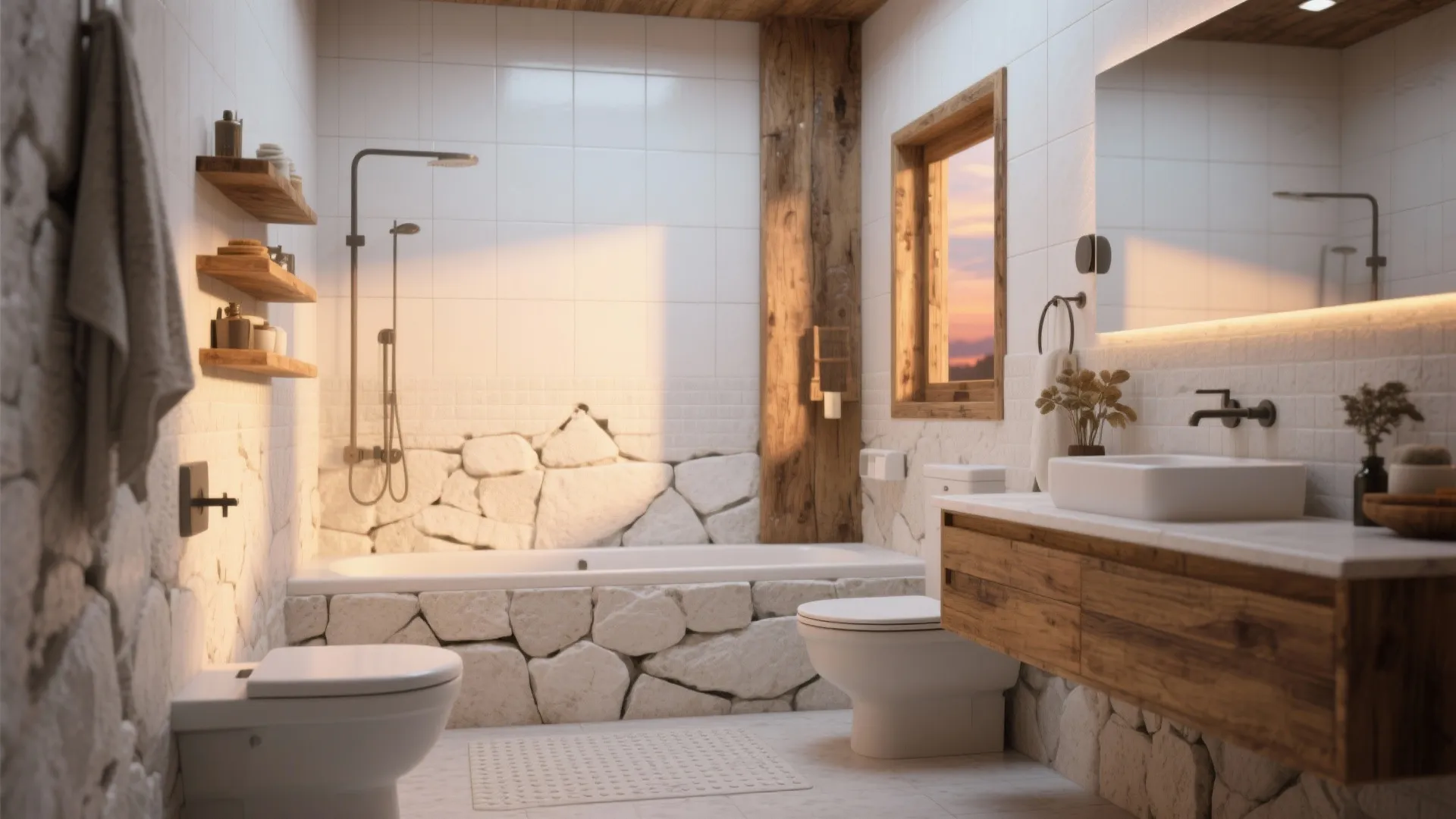 Rustic bathroom with stone wall panels wooden cabinet white bathtub toilet and warm natural sun light