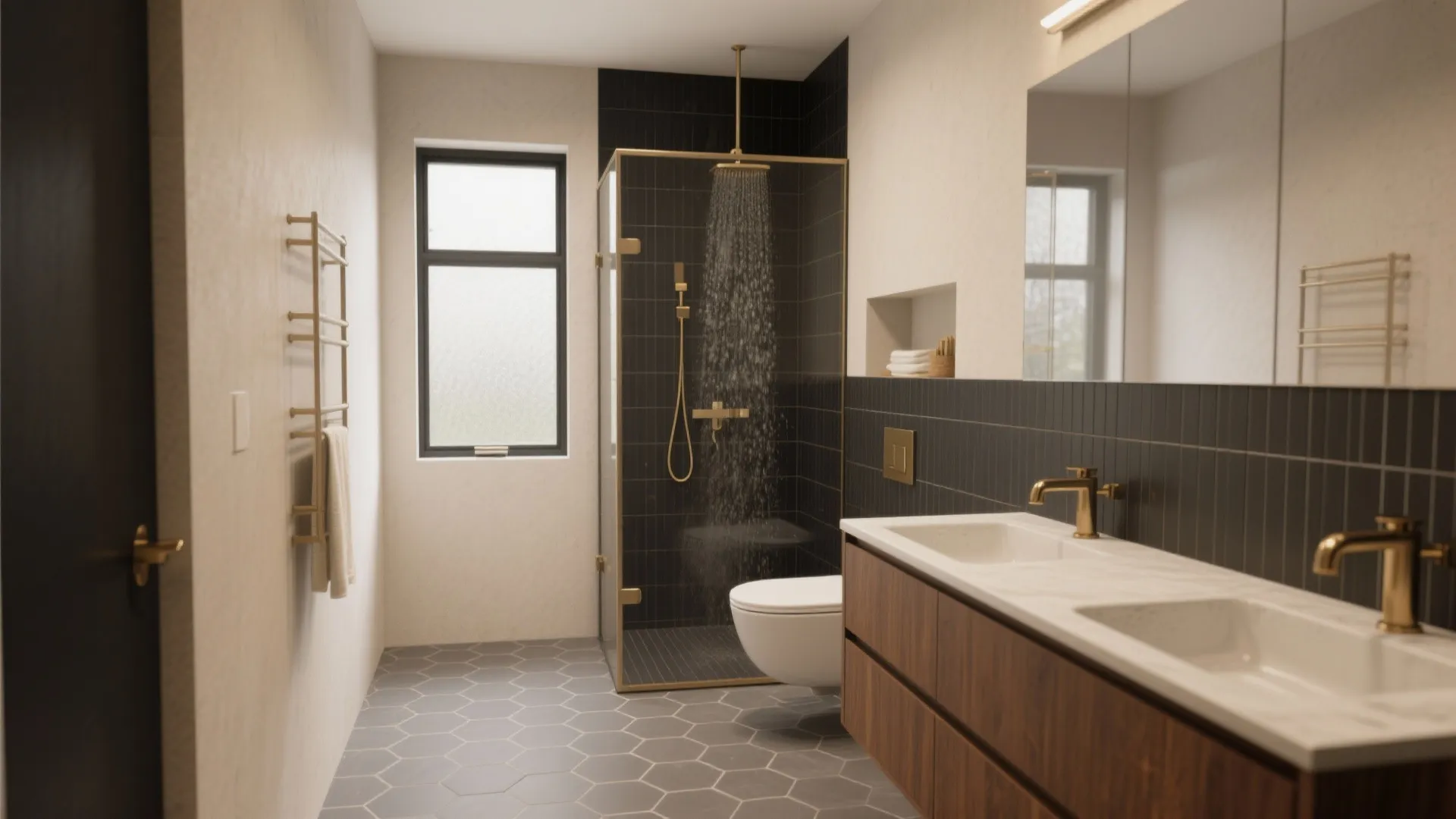 Modern bathroom with dark shower tiles, glass door, wooden double sink vanity, and gold taps