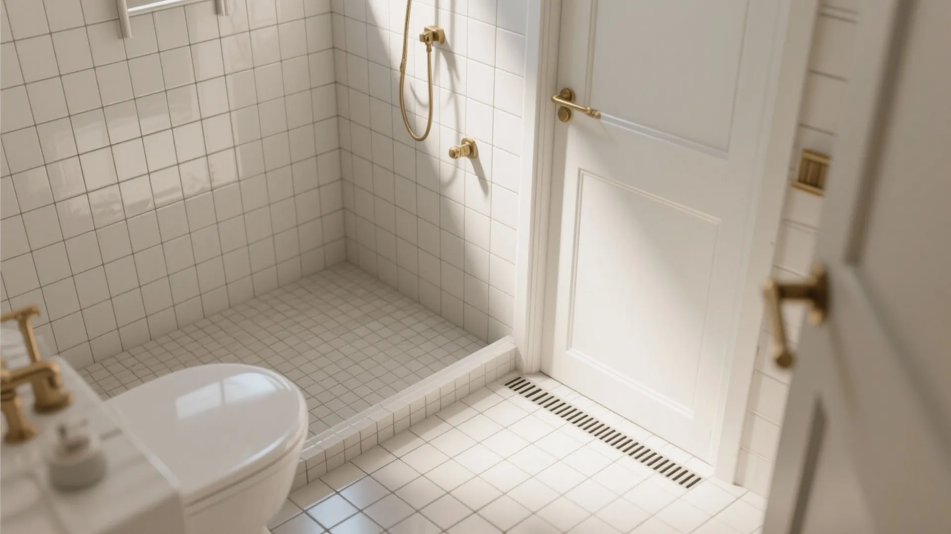 Spa-like small bath with a matte 2x4 mosaic floor and glossy 2x4 wall tiles, showing a subtle slope to drain.