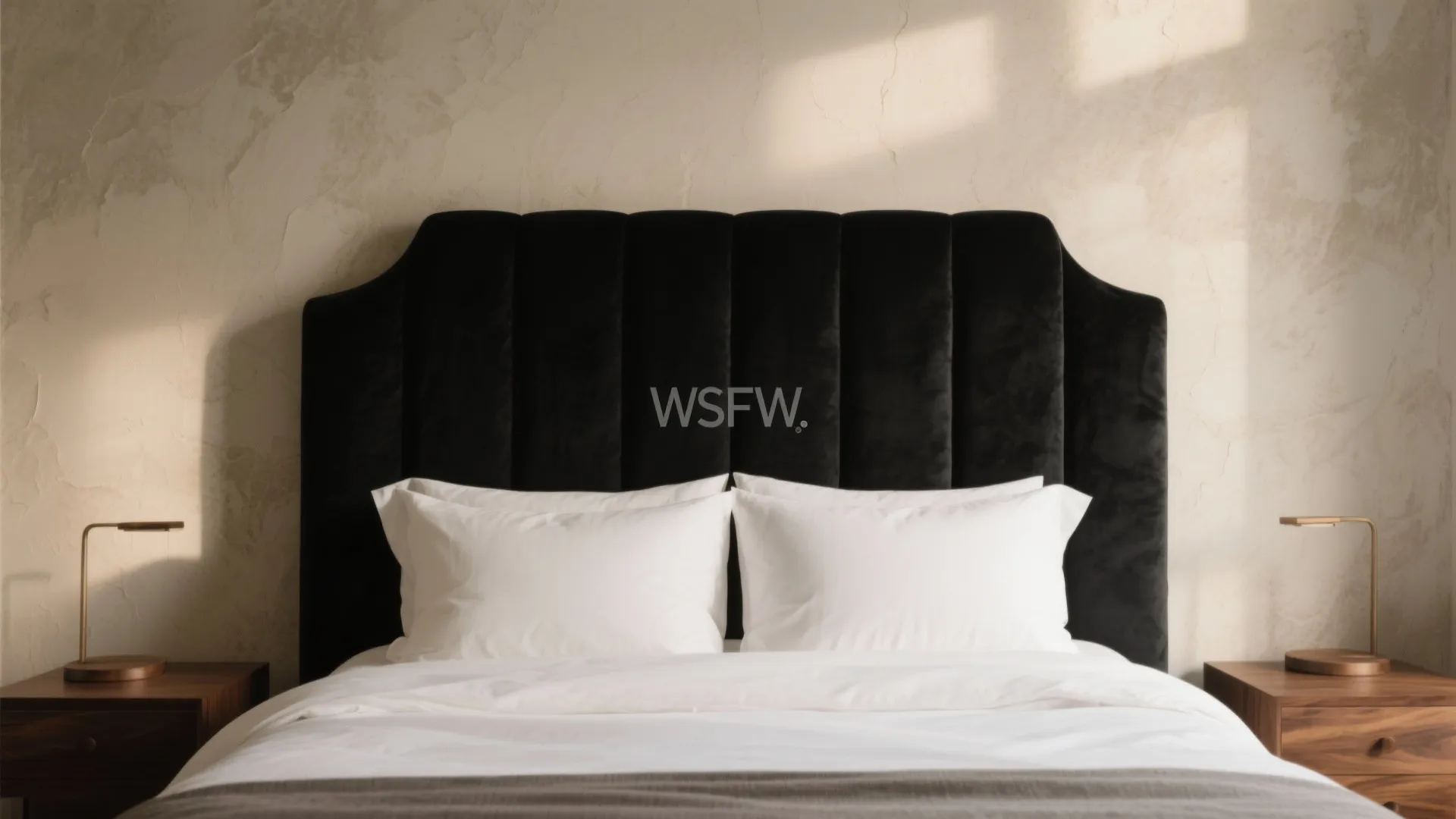 Black headboard with white pillows wooden side tables gold lamps and beige textured wall finish