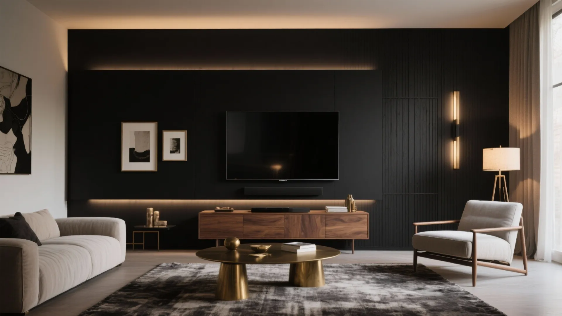 Dark living room showing TV on black wall wooden cabinet armchair and gold coffee table
