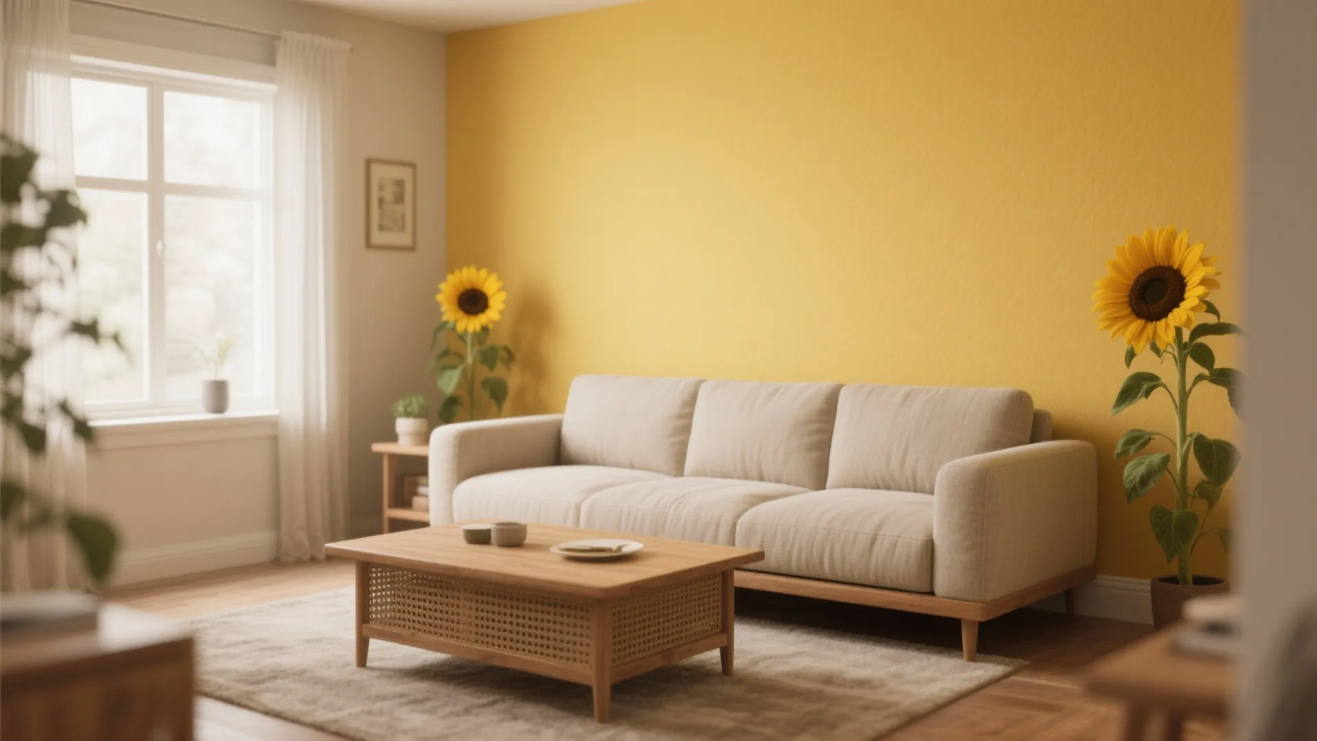 Bright living room with yellow accent wall beige sofa wood coffee table and sunflowers decor