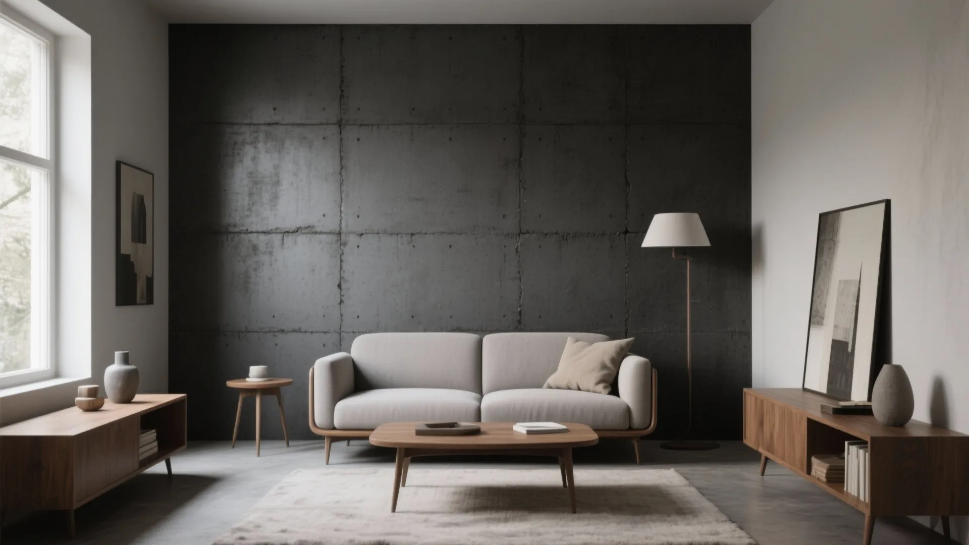 Modern living room featuring grey sofa wooden coffee table floor lamp and dark grey wall panel