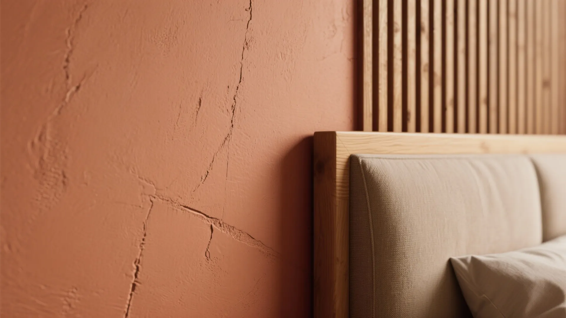 Close up of textured orange wall next to wooden bed frame with soft beige fabric headboard