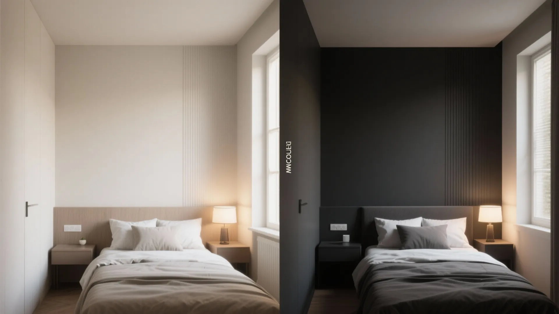 Before-and-after split of a small bedroom showing a deep charcoal ultra-flat matte accent wall that creates a cocooning cinematic effect.